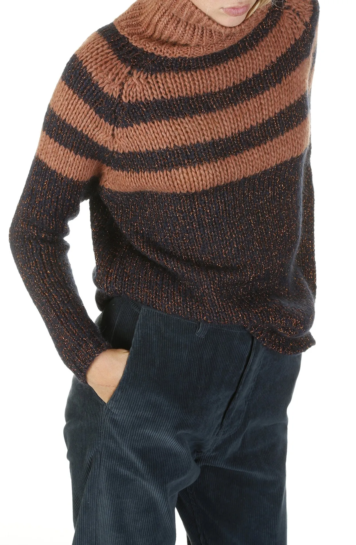 Col roulé rayé en maille lurex Venus Marron