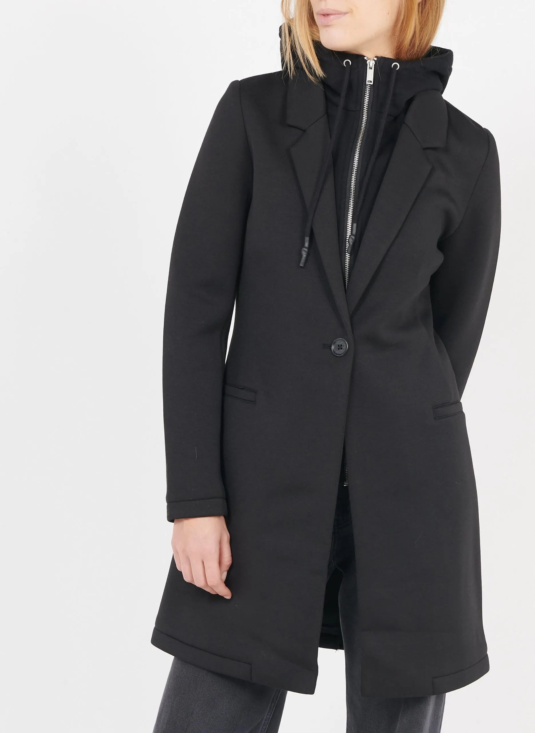 Manteau mi-long col tailleur à capuche Noir
