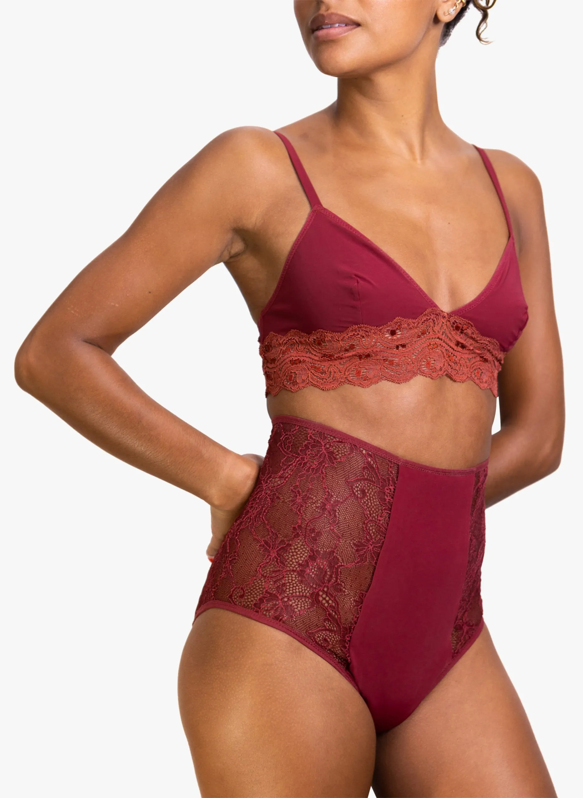 Culotte menstruelle taille haute flux moyen en dentelles Rouge RHEA