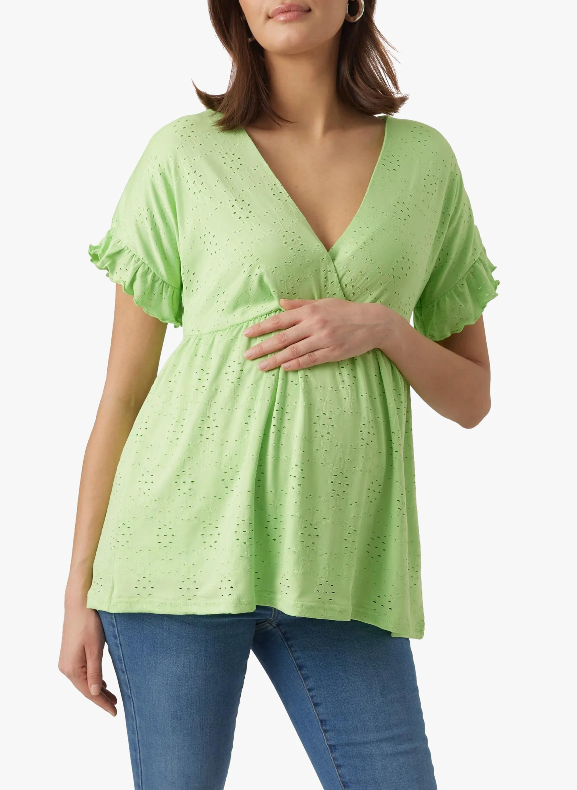 Top col V en tissu brodé Vert DINNE