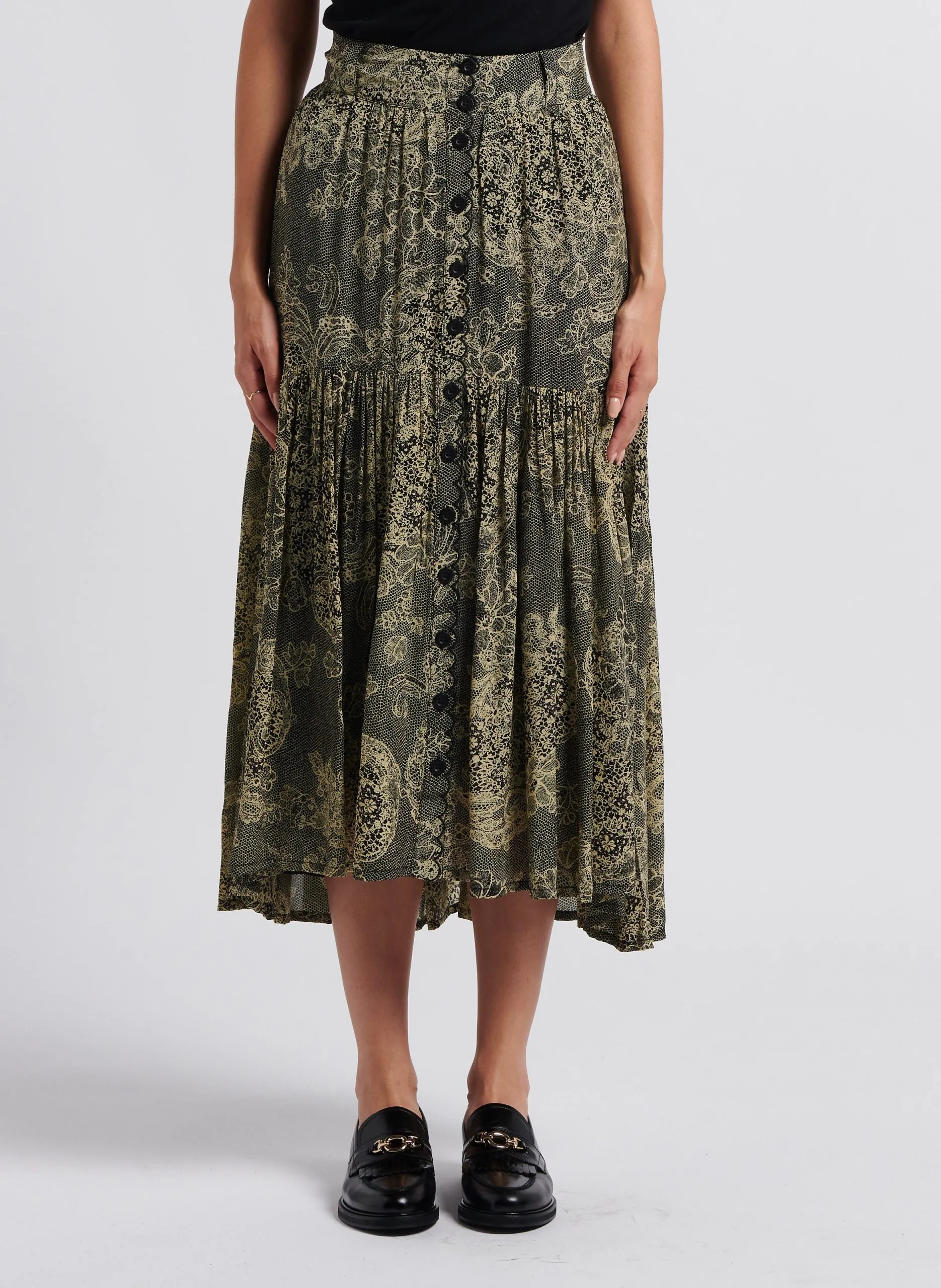 Jupe longue fluide imprimée Noir BOHEME