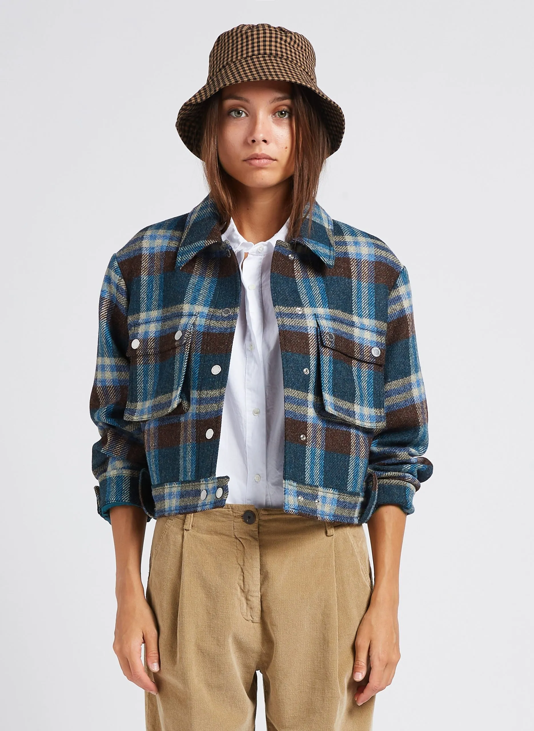 Veste courte col classique à carreaux en laine Bleu