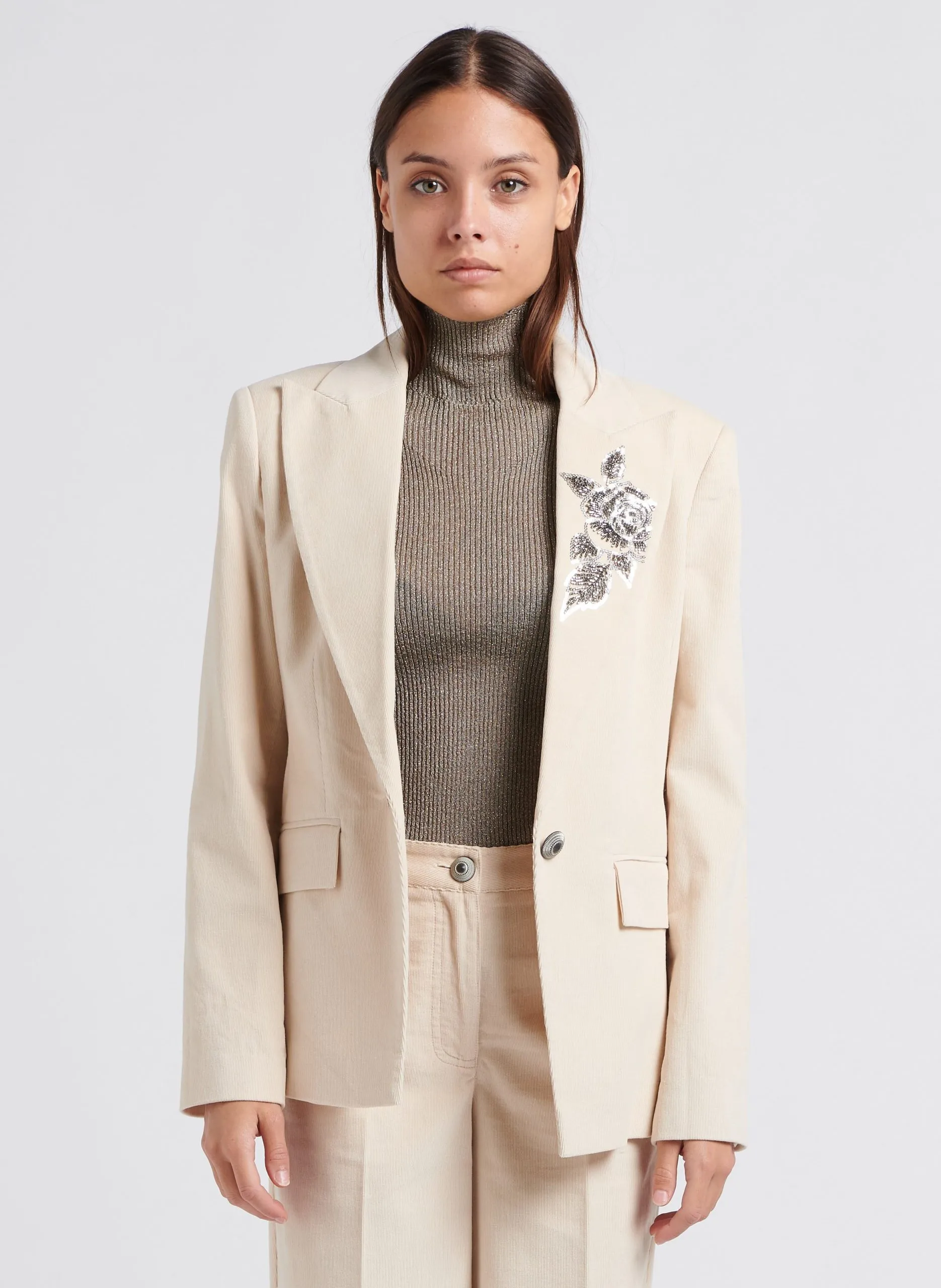 Veste col tailleur à sequins et perles en coton Beige
