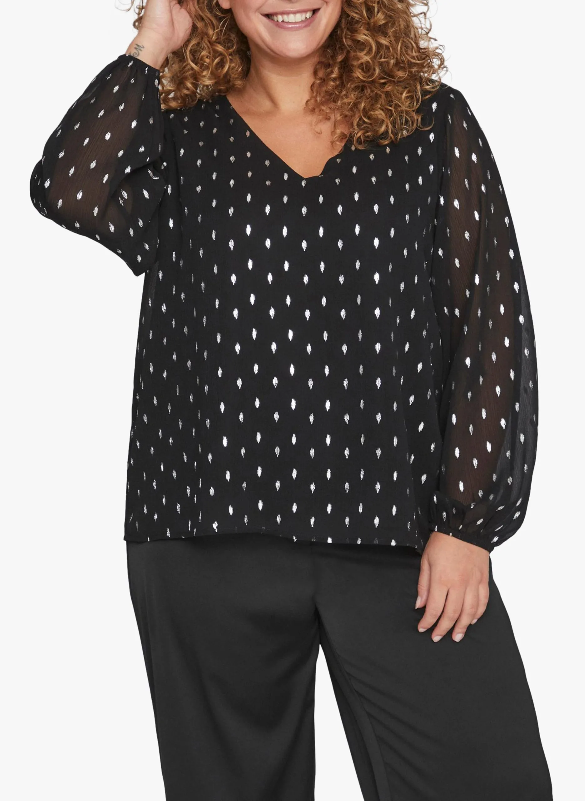 Blouse col V imprimée pois Noir MINJA