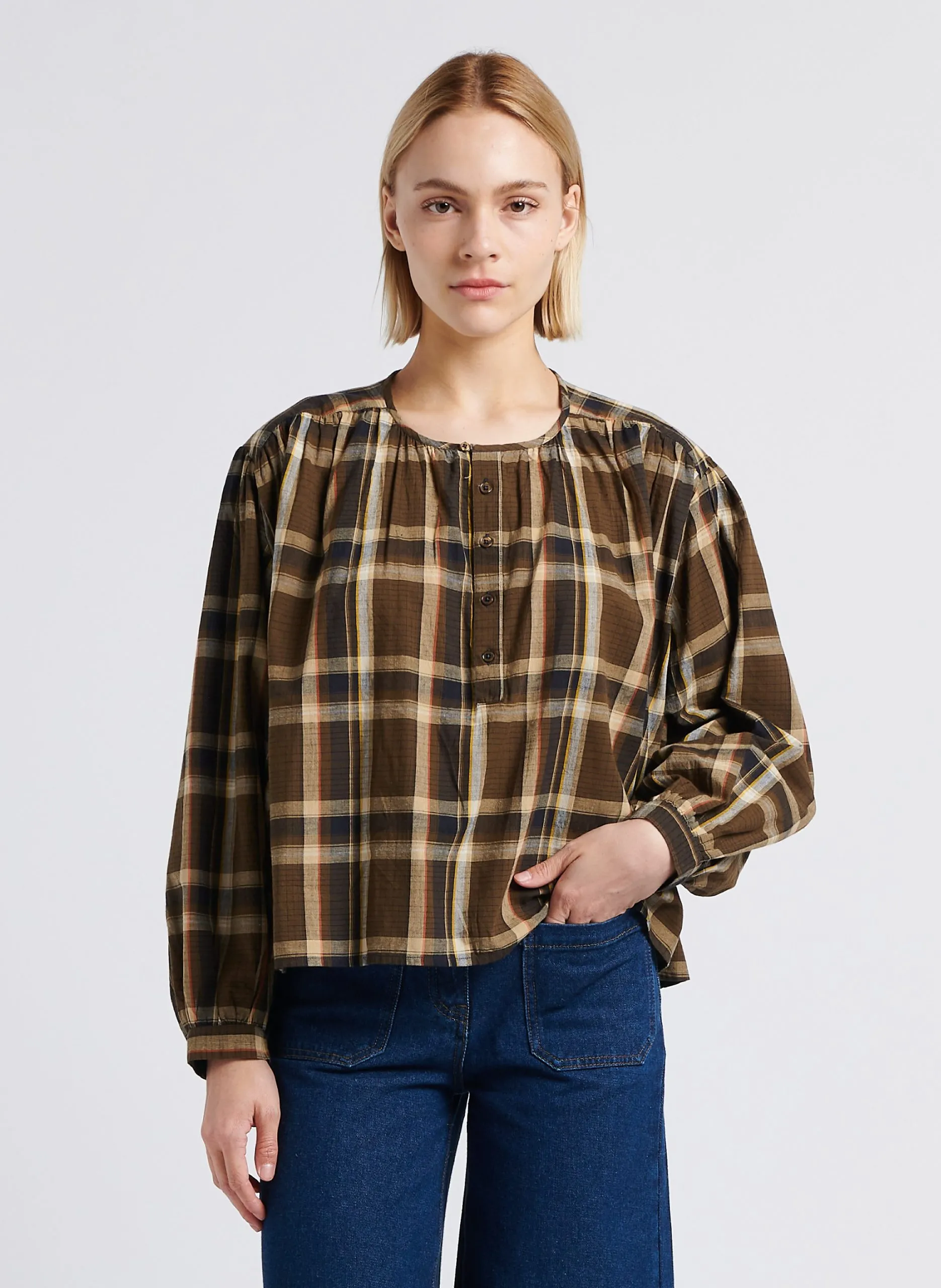 Blouse évasée col rond en coton imprimé Marron ELINA