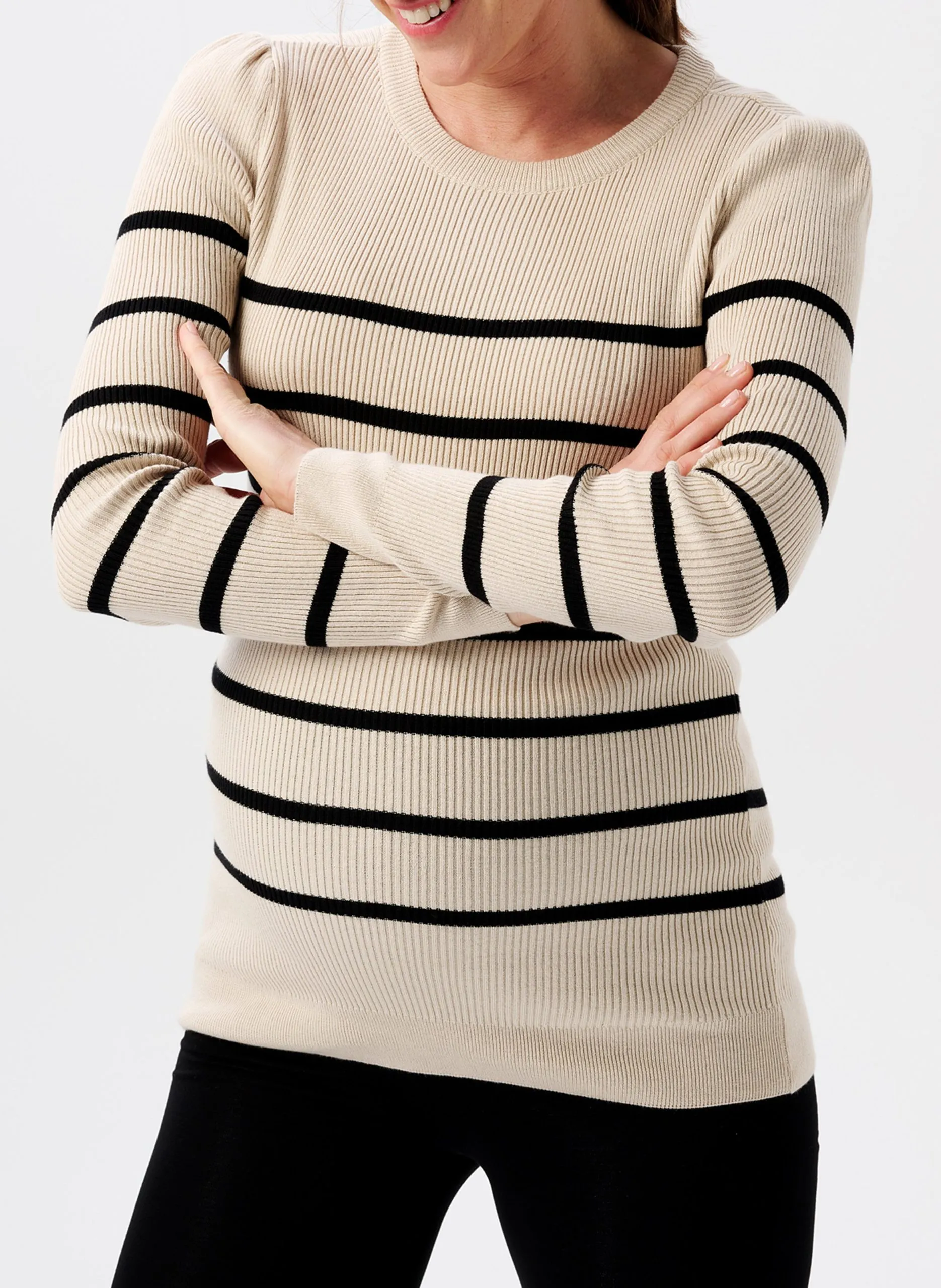 Pull col rond à rayures en coton bio mélangé Beige ZANA