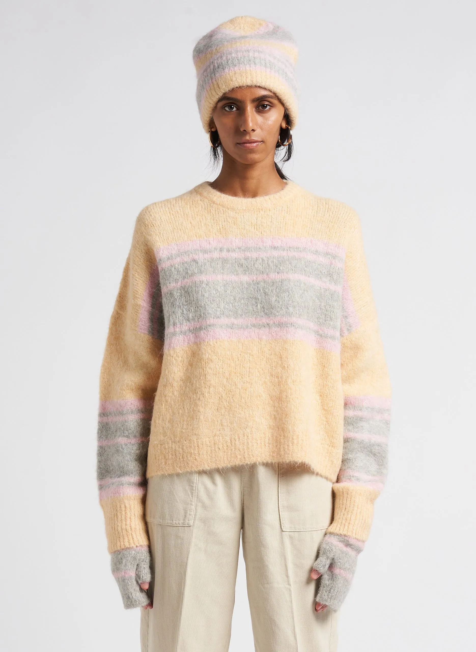 Pull ample col rond rayé en alpaga mélangé Gris MILA