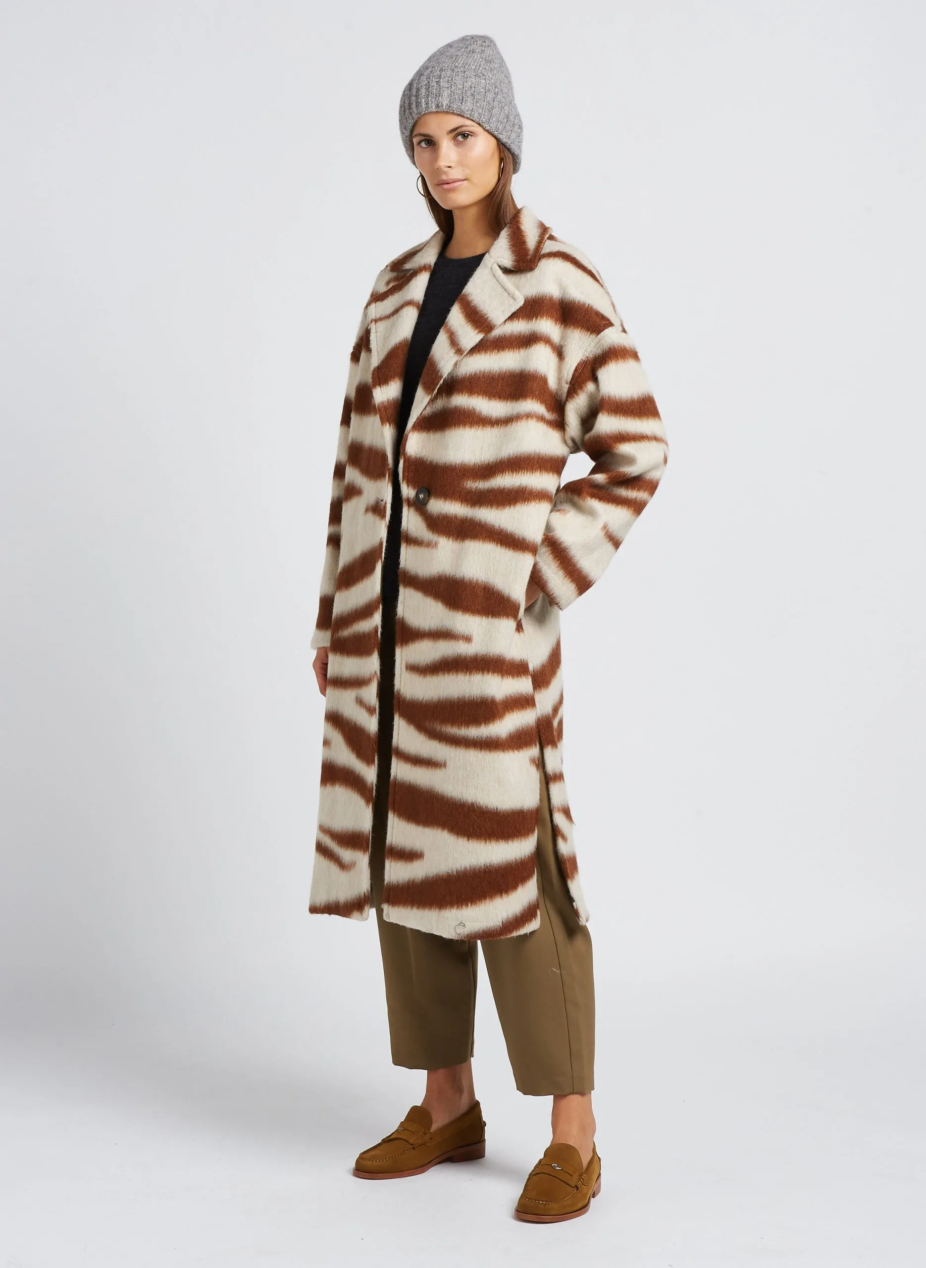 Manteau col tailleur imprimé Beige MALICO