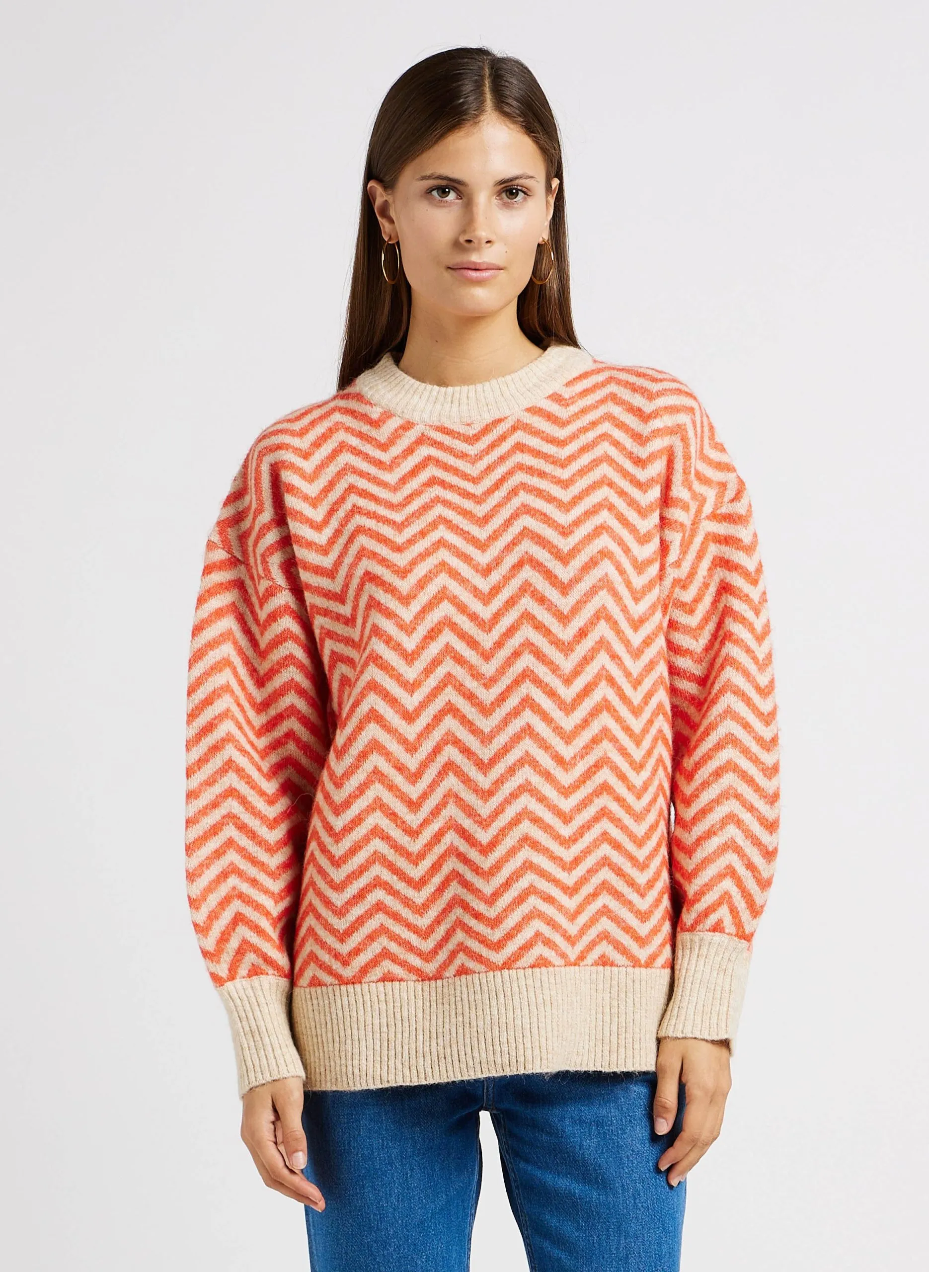 Pull ample col rond motif zigzag en maille mélangée Beige LUCIA