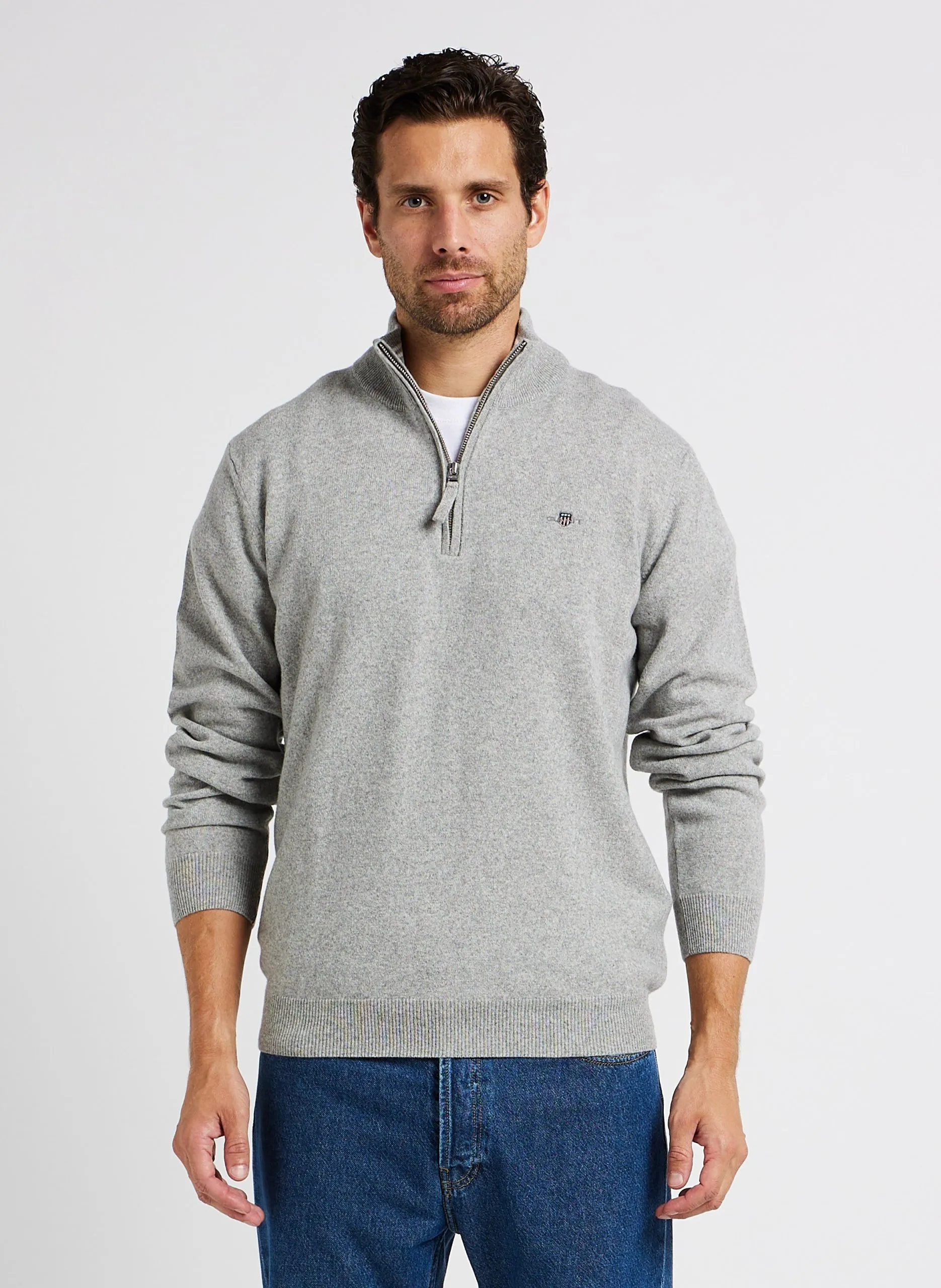 Pull droit col montant zippé en laine Gris