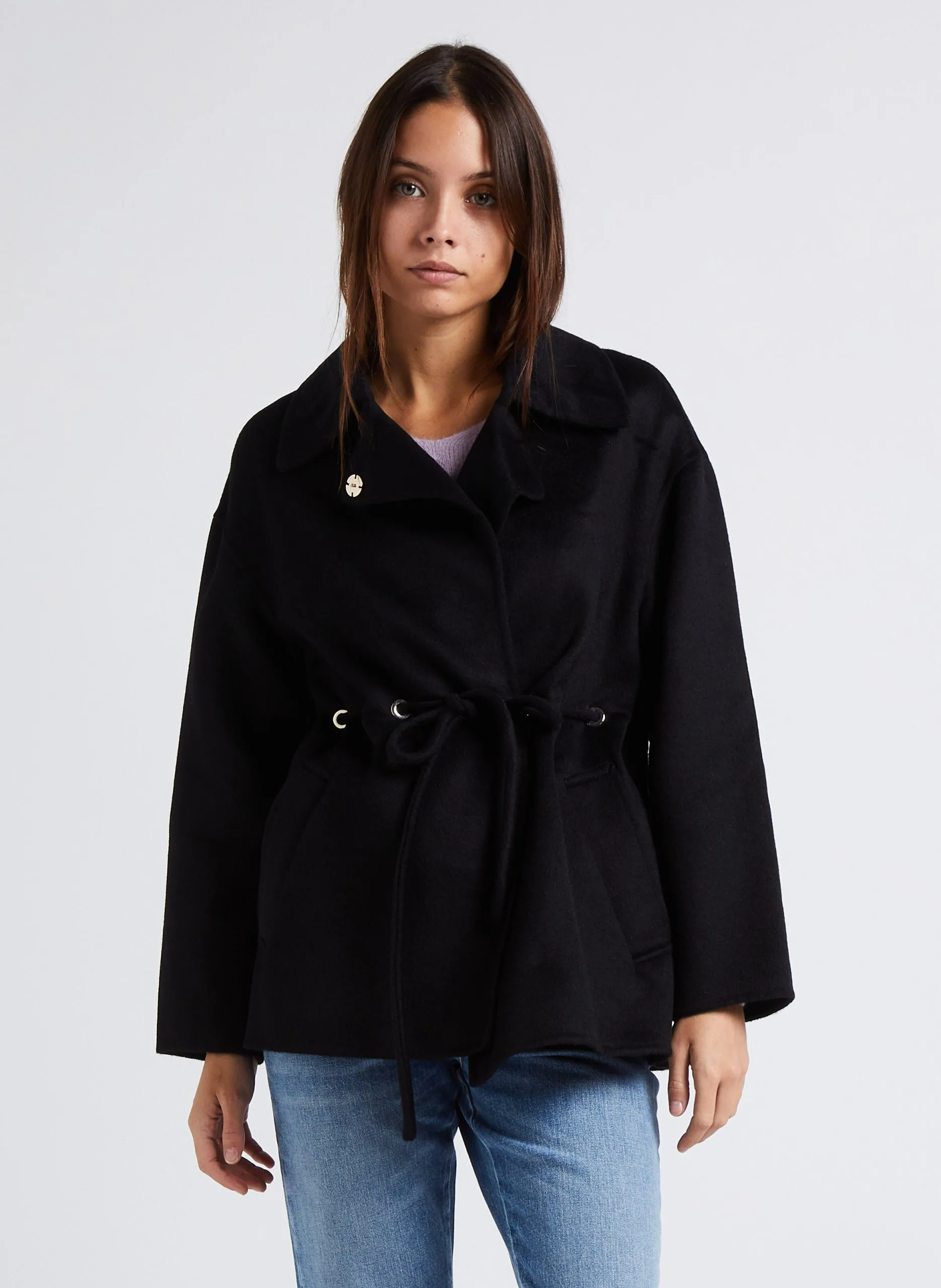Manteau ample col classique en laine mélangée Noir KAM