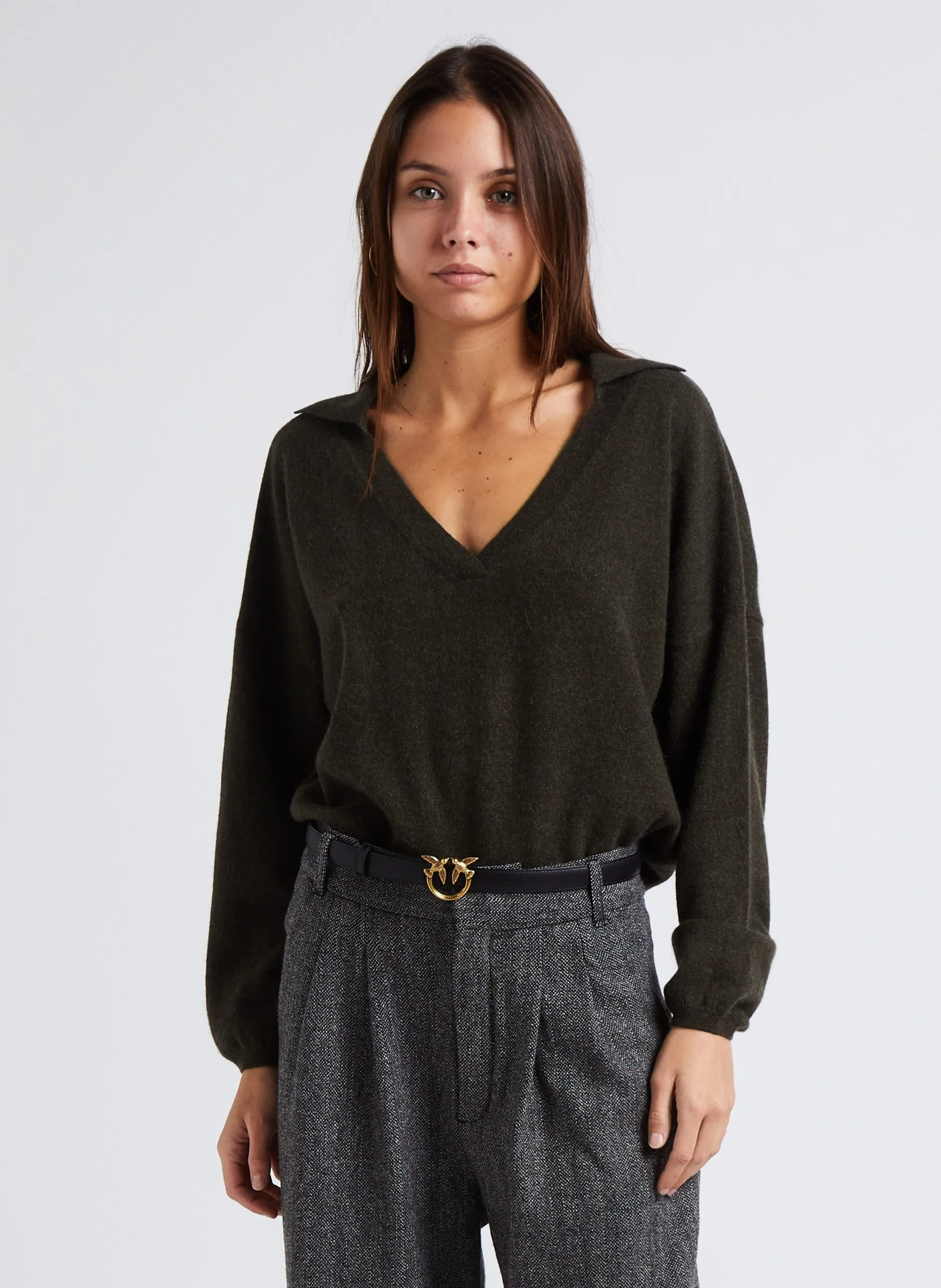 Pull ample col classique en cachemire Vert MOE