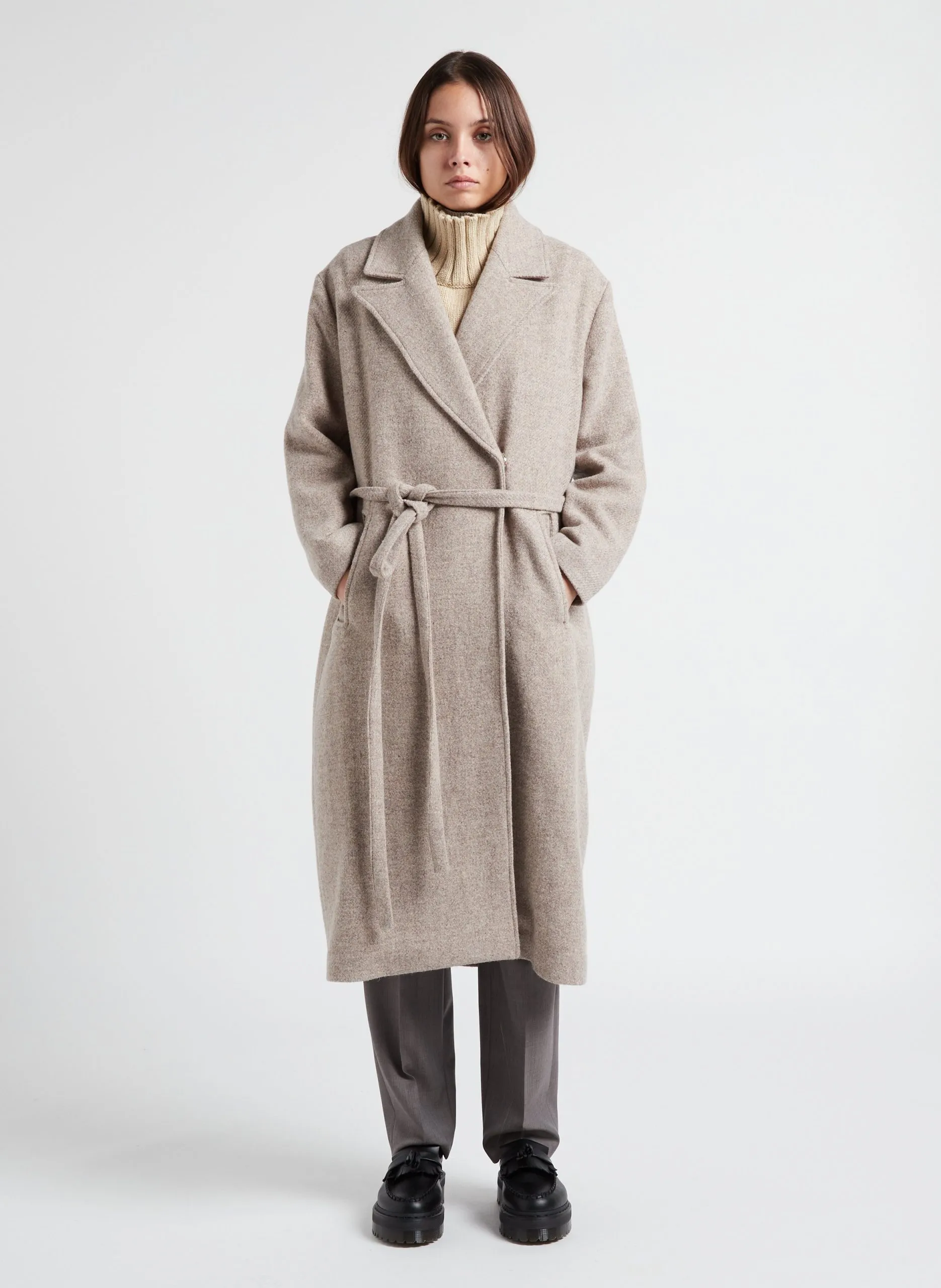 Manteau col tailleur ceinturé en laine Beige ARTHUS