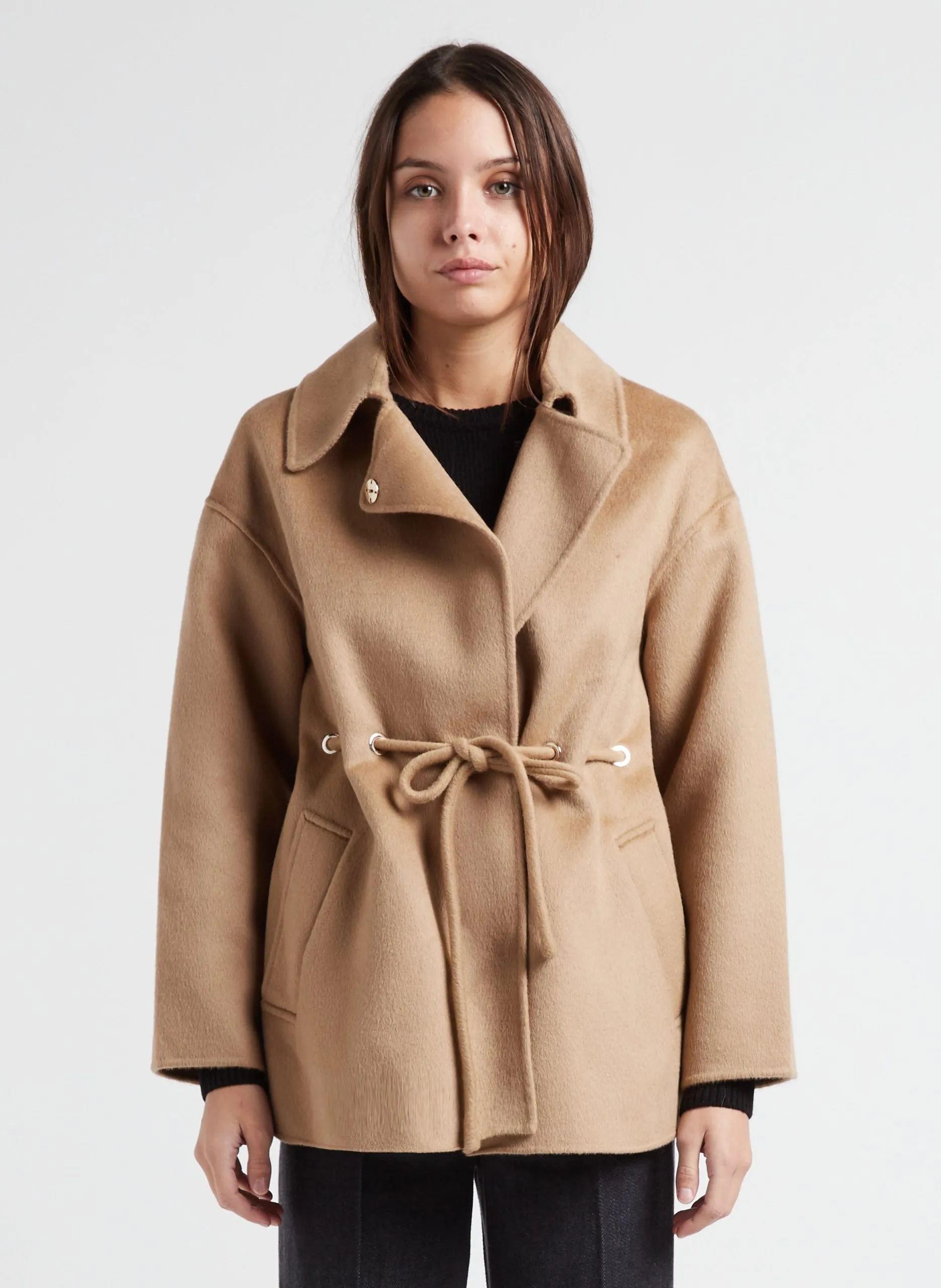 Manteau ample col classique en laine mélangée Marron KAM