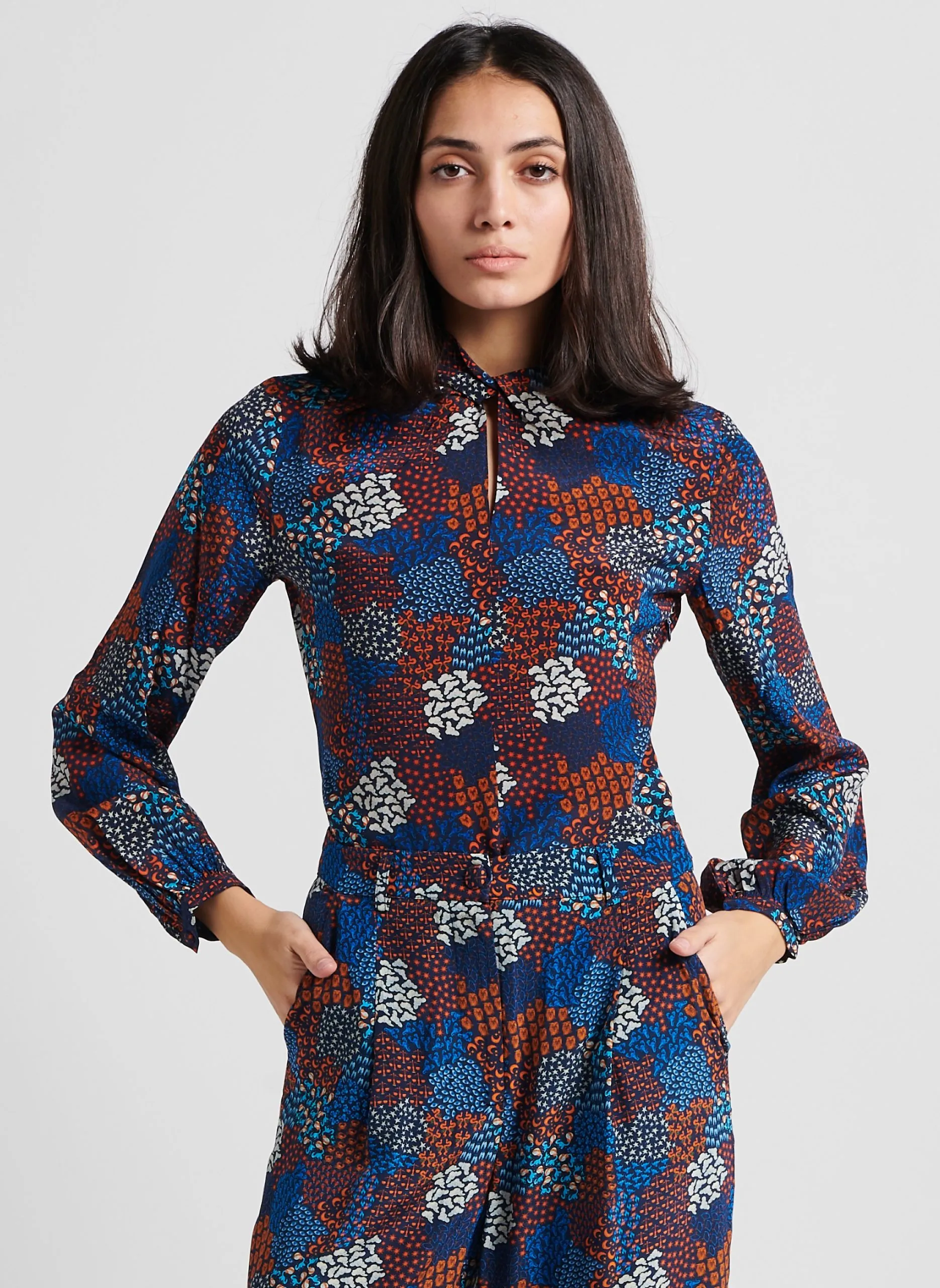 Blouse col rond en soie Bleu OLYMPE