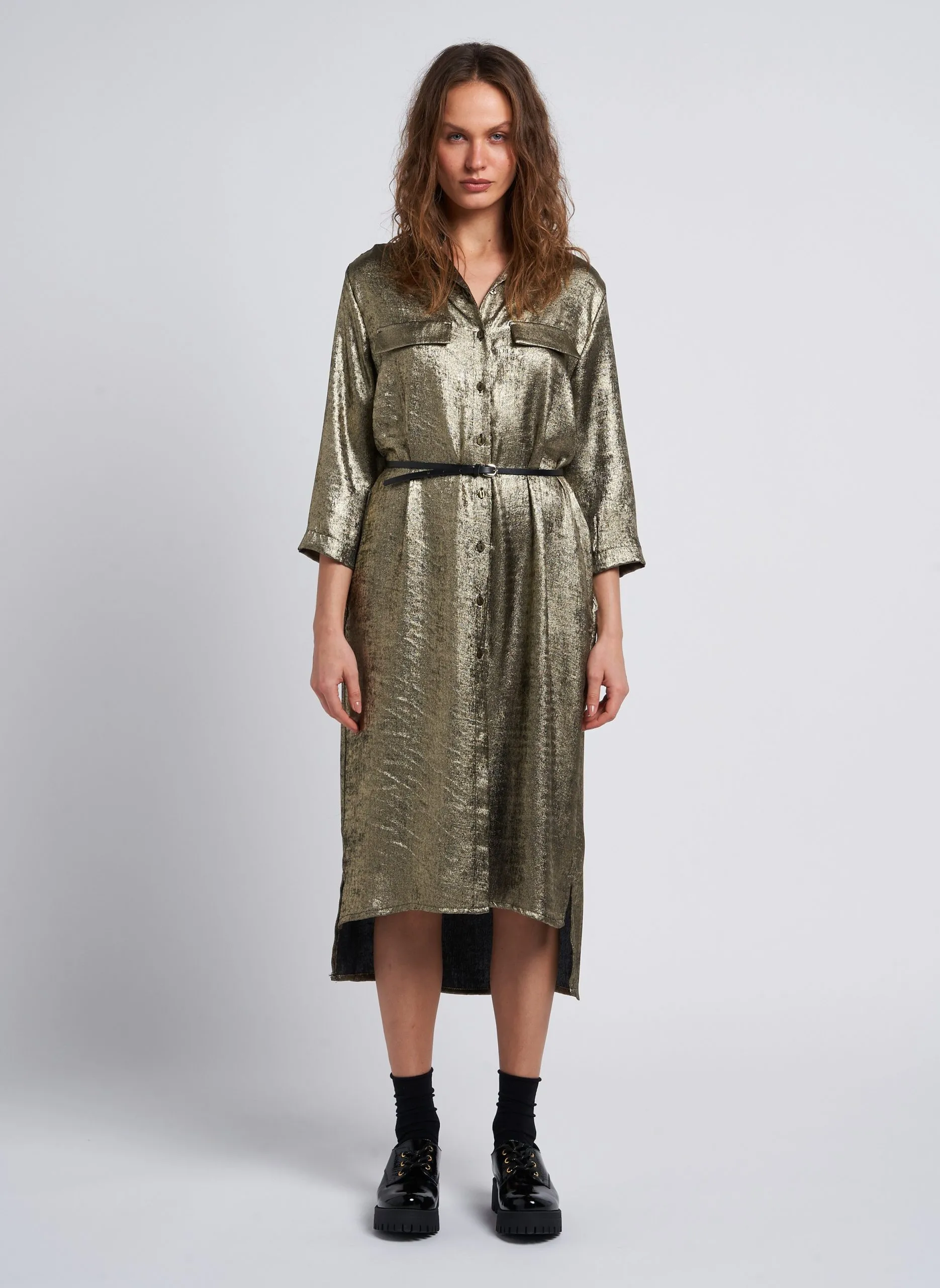 Robe midi col classique aspect métallisé Vert