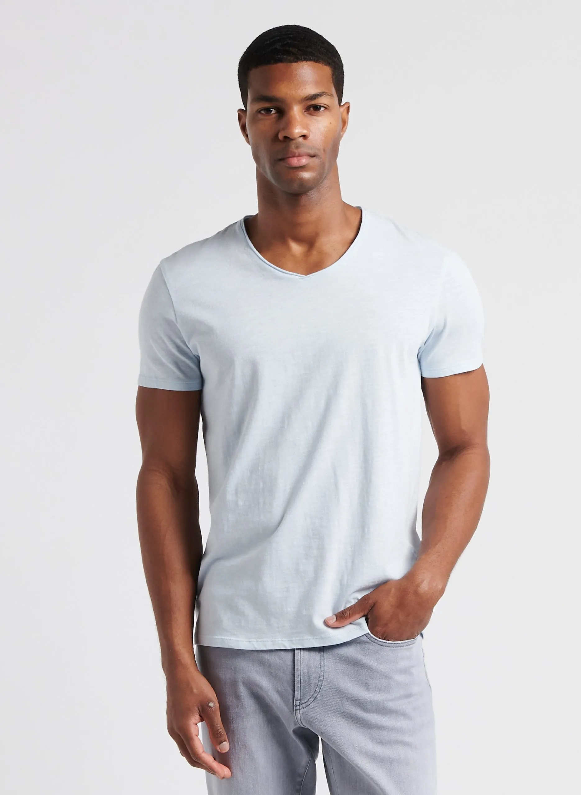 Tee-shirt col V en coton bio flammé Bleu