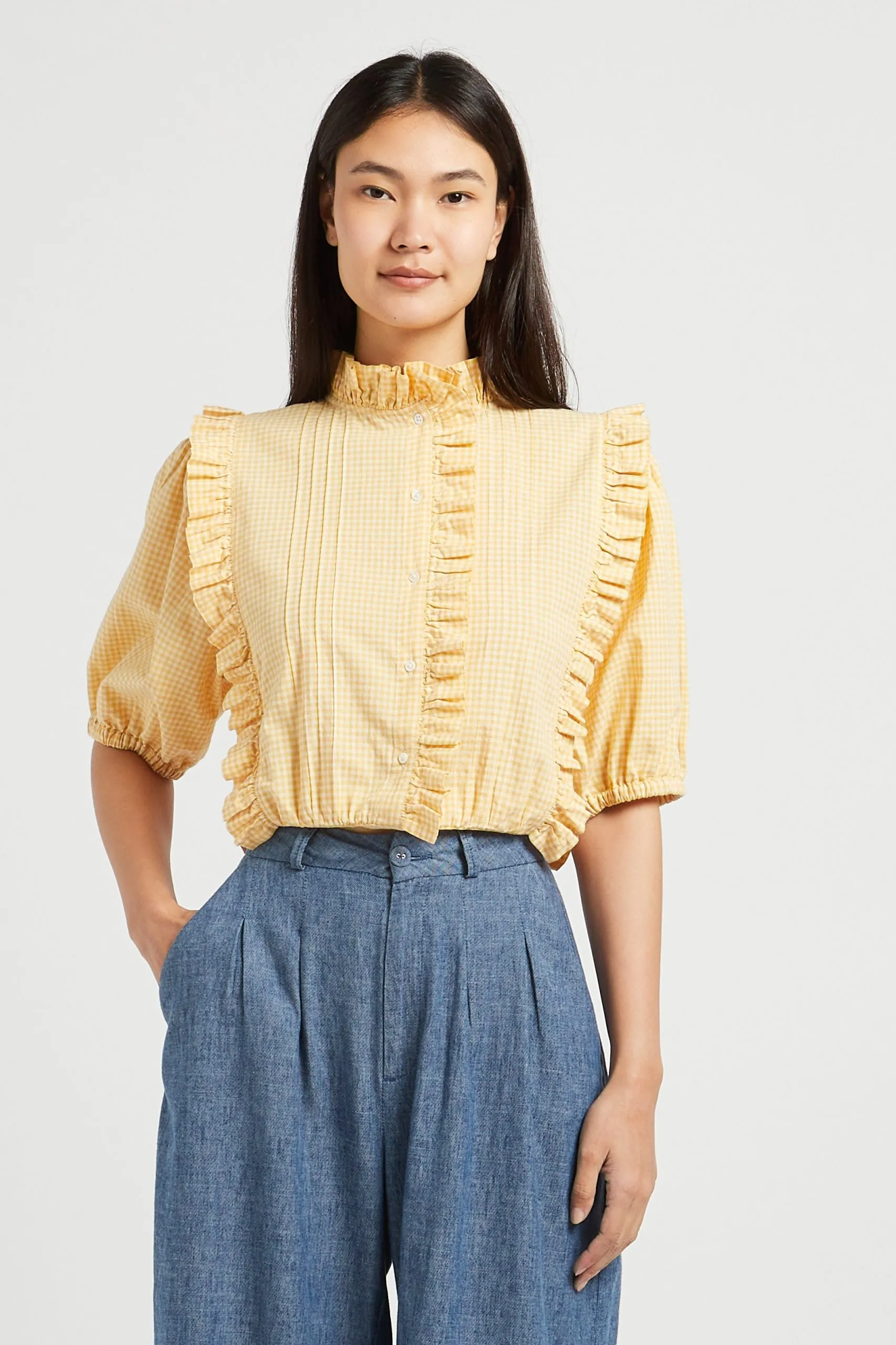 Blouse col montant à volants en coton Jaune ZOLIA