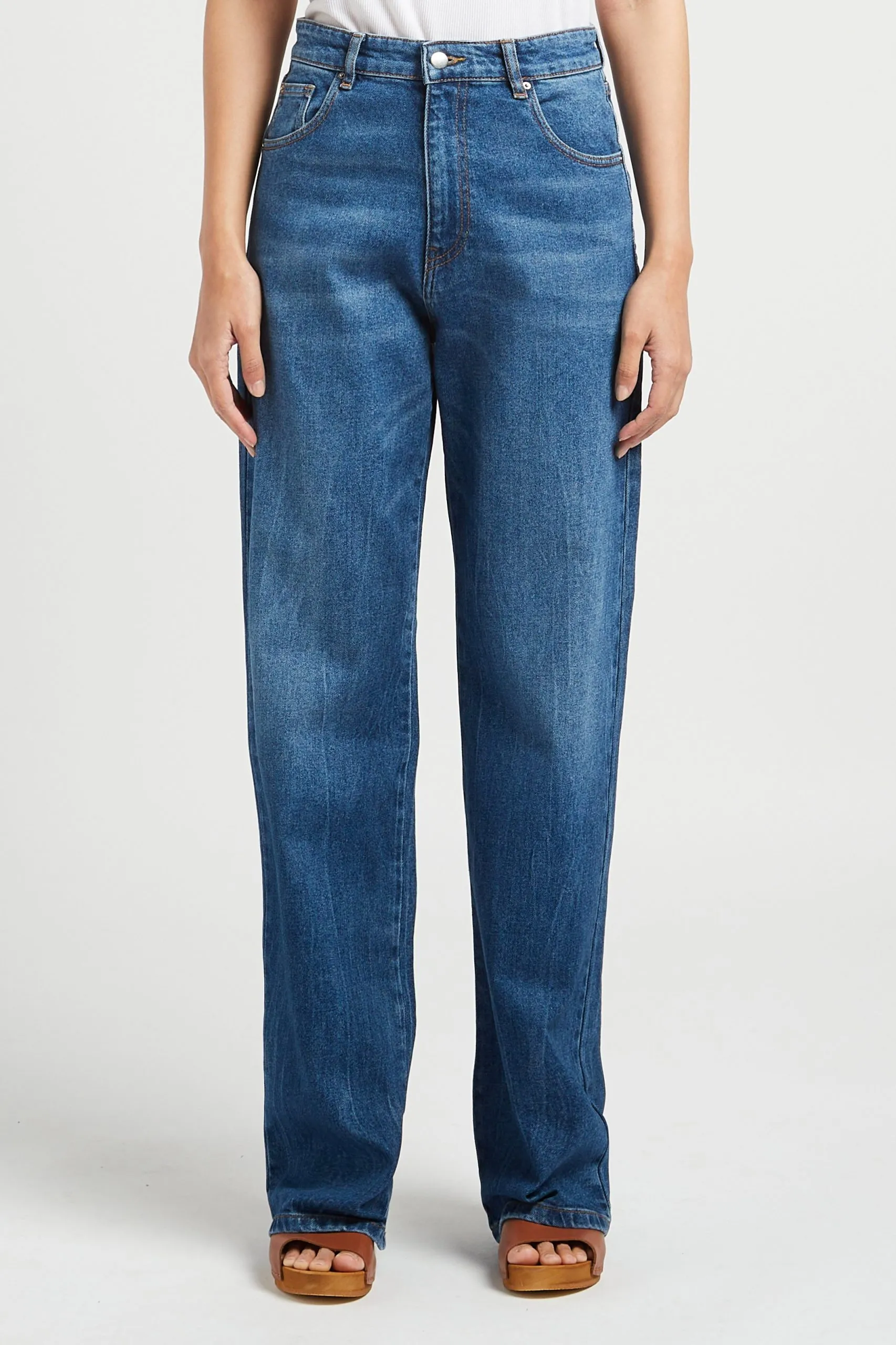 Jean large taille haute en coton stretch Bleu RICHIE