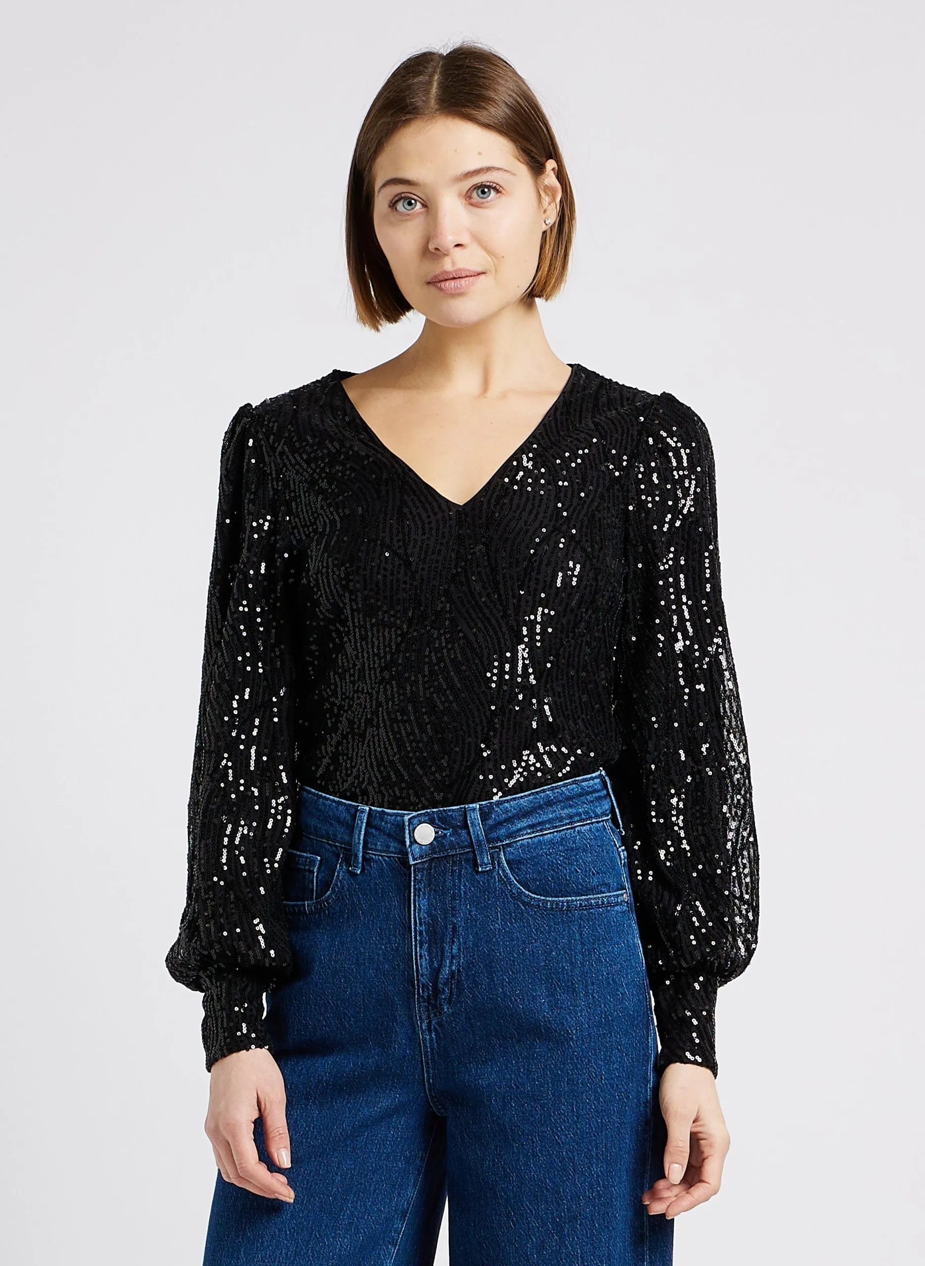 Top droit col V à sequins Noir SELIA