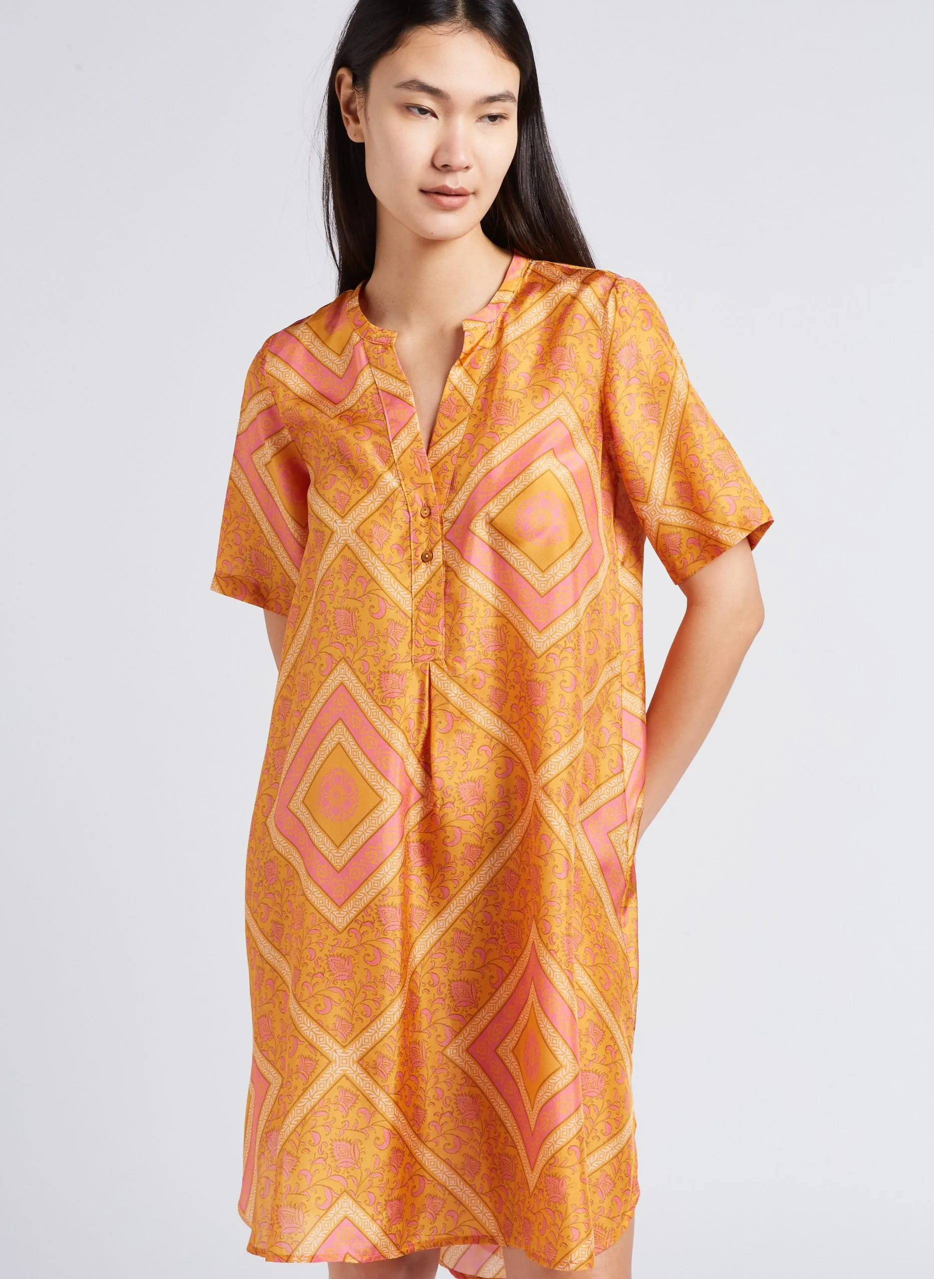 Robe midi ample col V en soie imprimé Orange DALIA