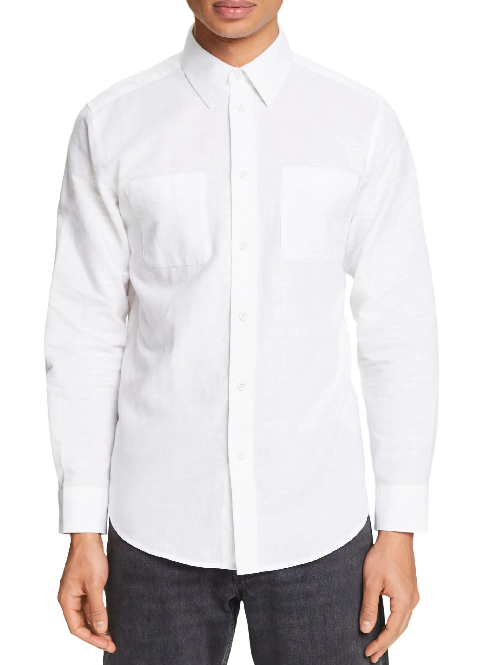 Chemise col classique droite en lin et coton mélangé Blanc