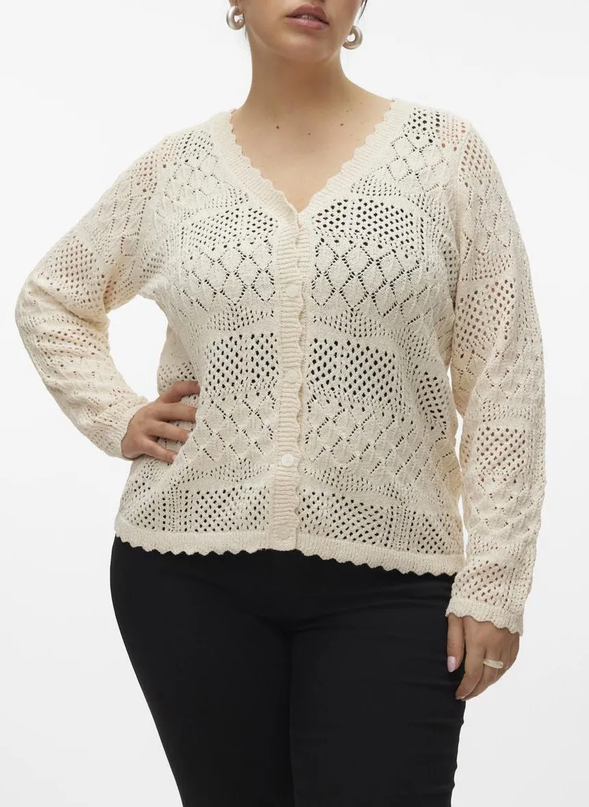 Cardigan droit festonné à maille fine ajourée Beige AMALFI