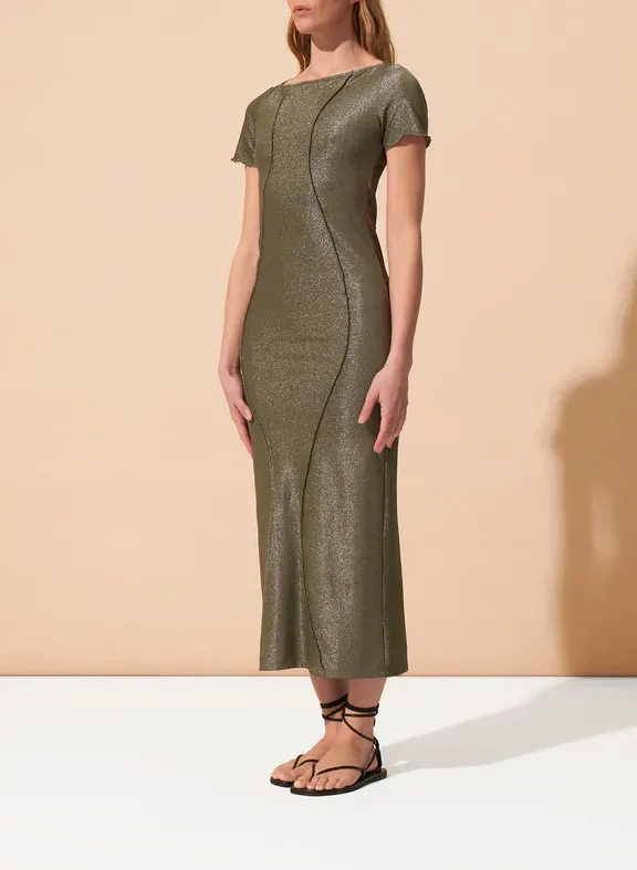 Robe longue moulante à volants et fils métallisés Vert HEMERA