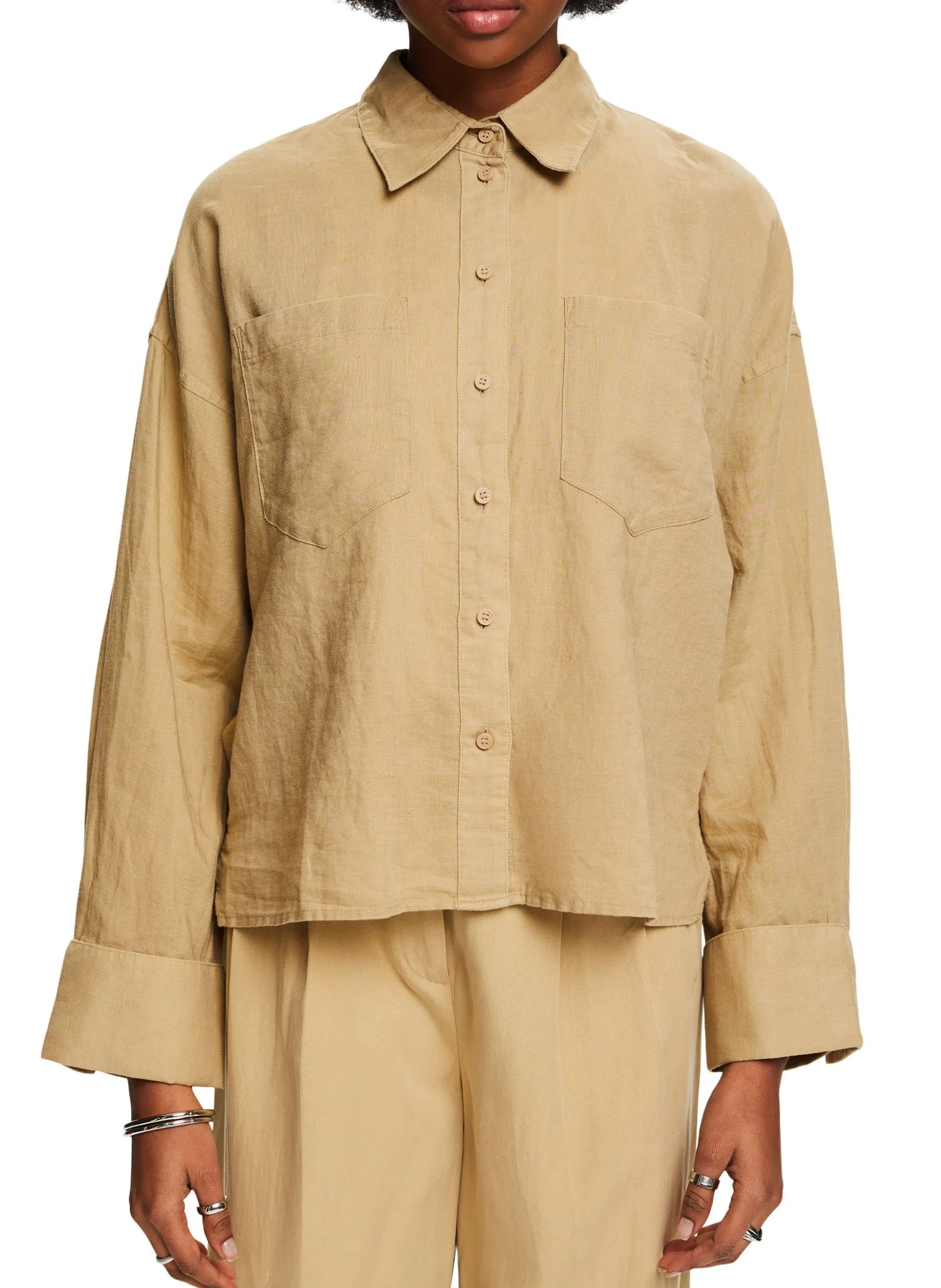 Chemise col classique en lin mélangé coton Beige