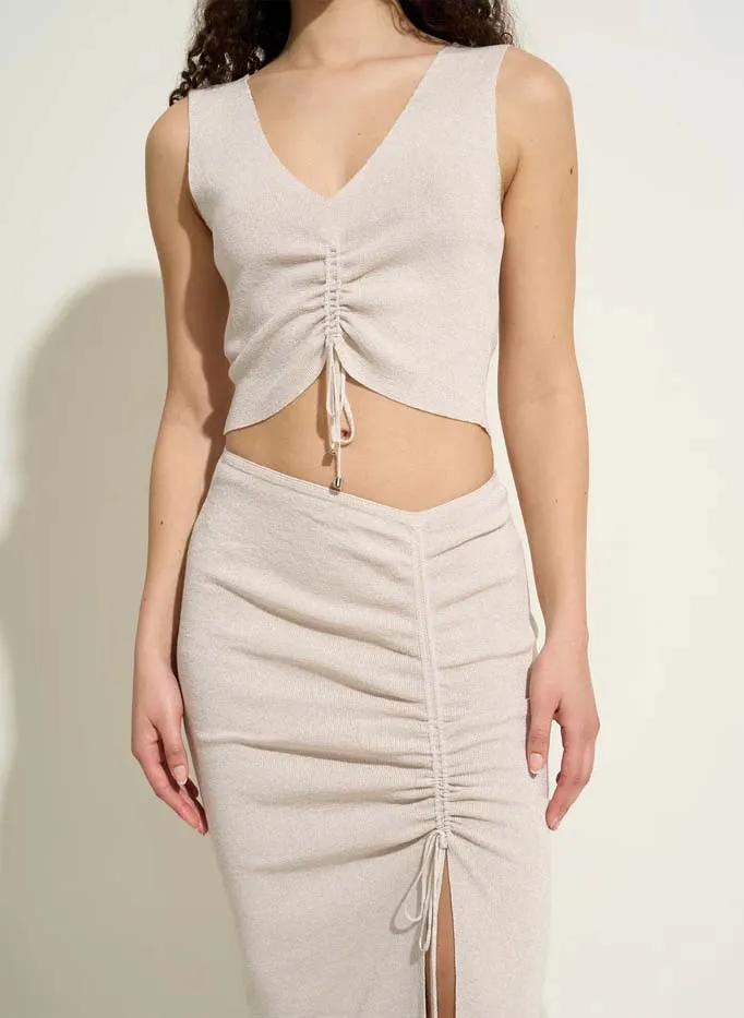 Crop top col V en maille pailletée Beige RENEE