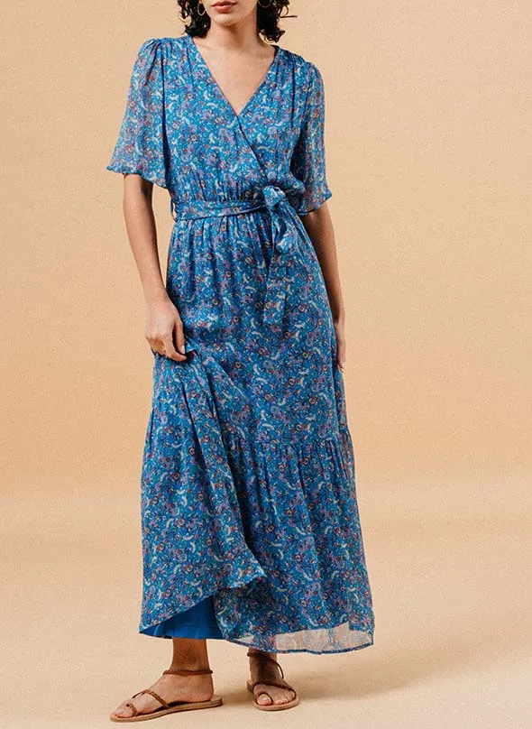 Robe longue droite col V imprimée Bleu MARISSA