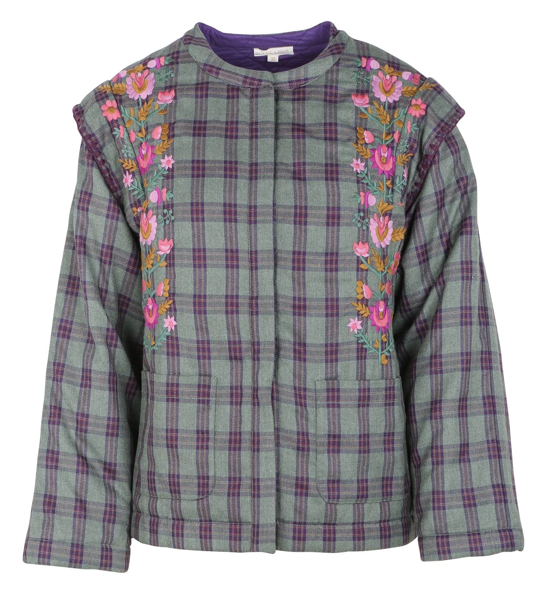 Veste col rond brodée à imprimé tartan Kaki MAURA