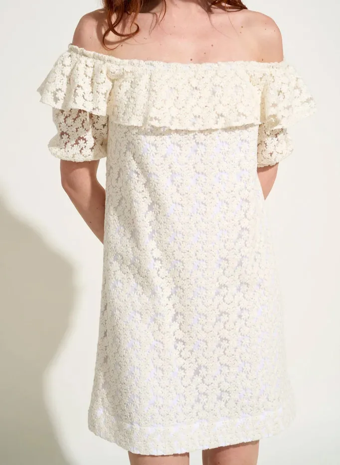 Robe courte col bardot en coton mélangé Beige RIO