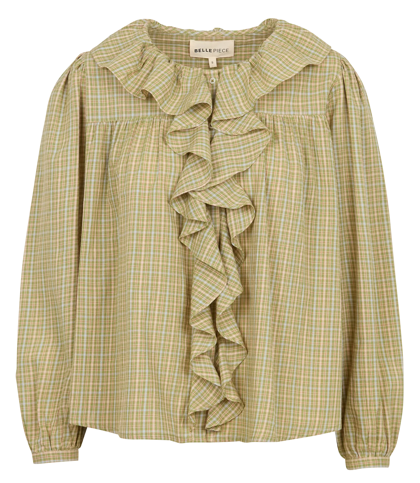 Blouse col rond à carreaux en coton Vert NAPLES