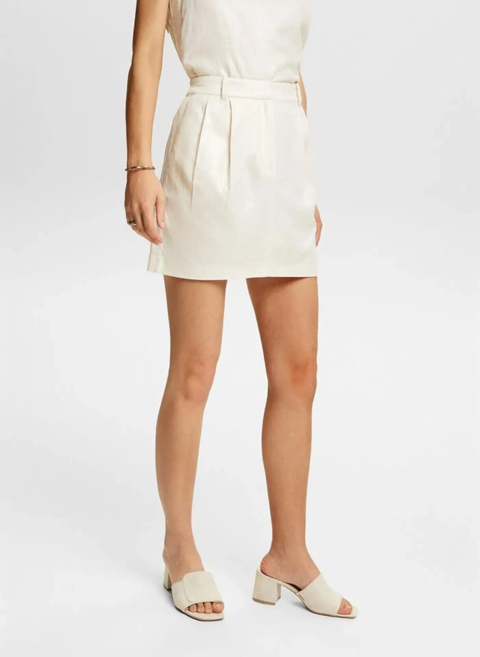 Jupe courte taille haute en lin mélangé Beige