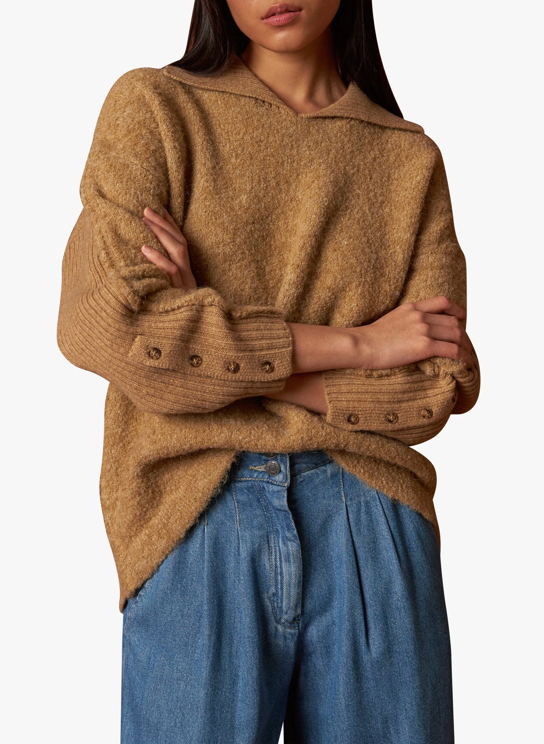 Pull col à revers en laine mélangée Beige