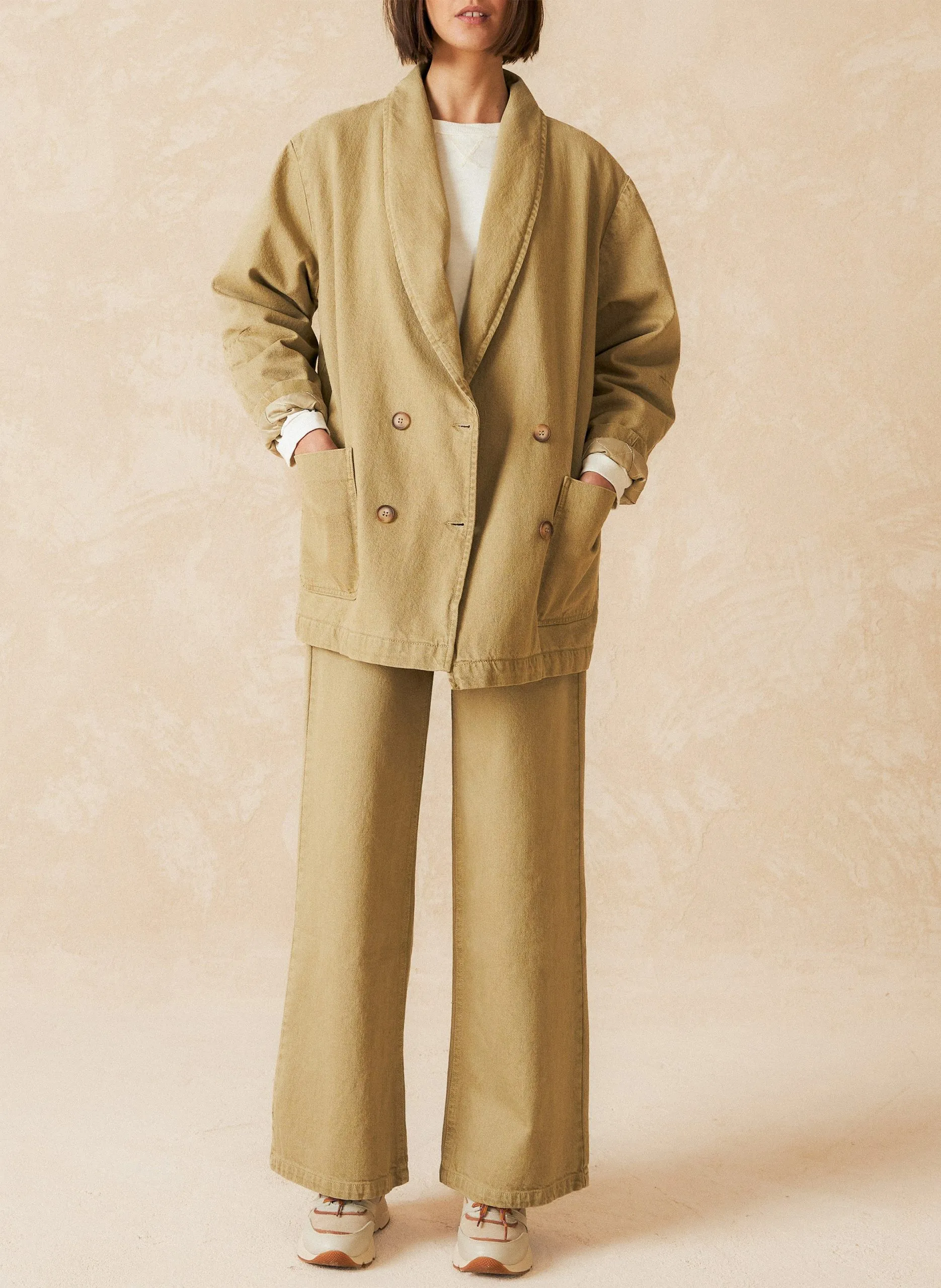 Veste ample col châle en coton et lin Kaki