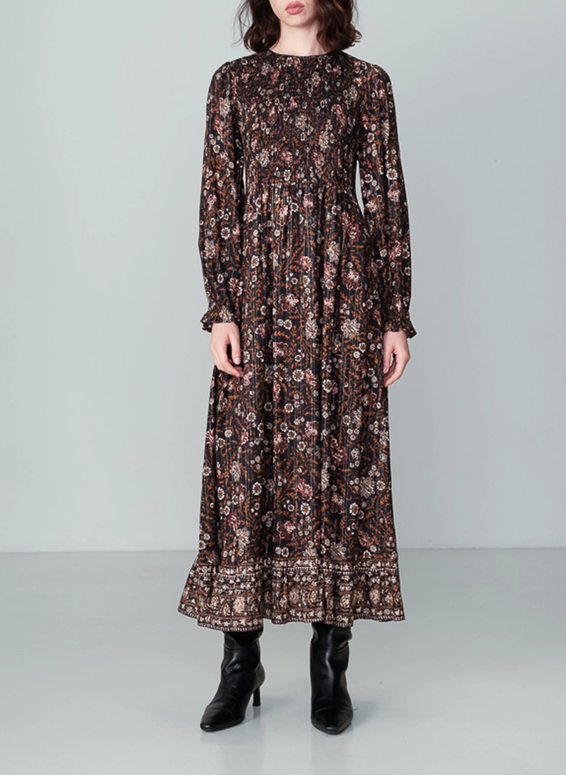 Robe longue imprimée à smocks Noir NOVA