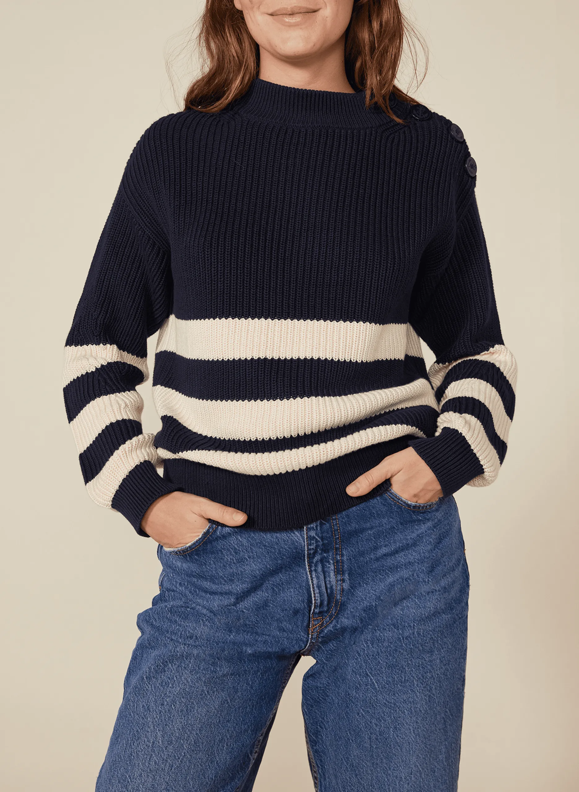 Pull col rond rayé en coton Bleu