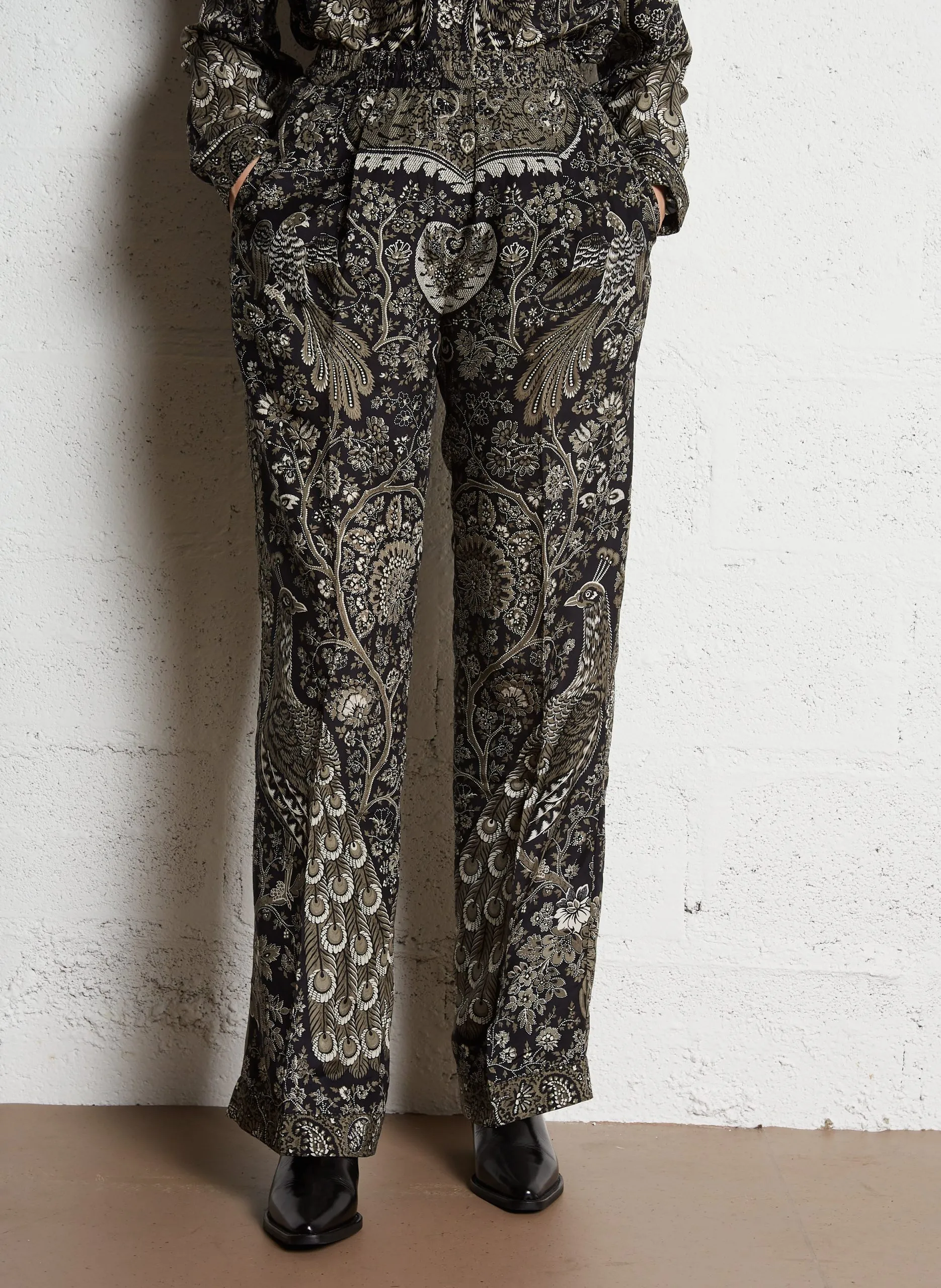 Pantalon large en soie imprimé Noir RUNNINGBOY