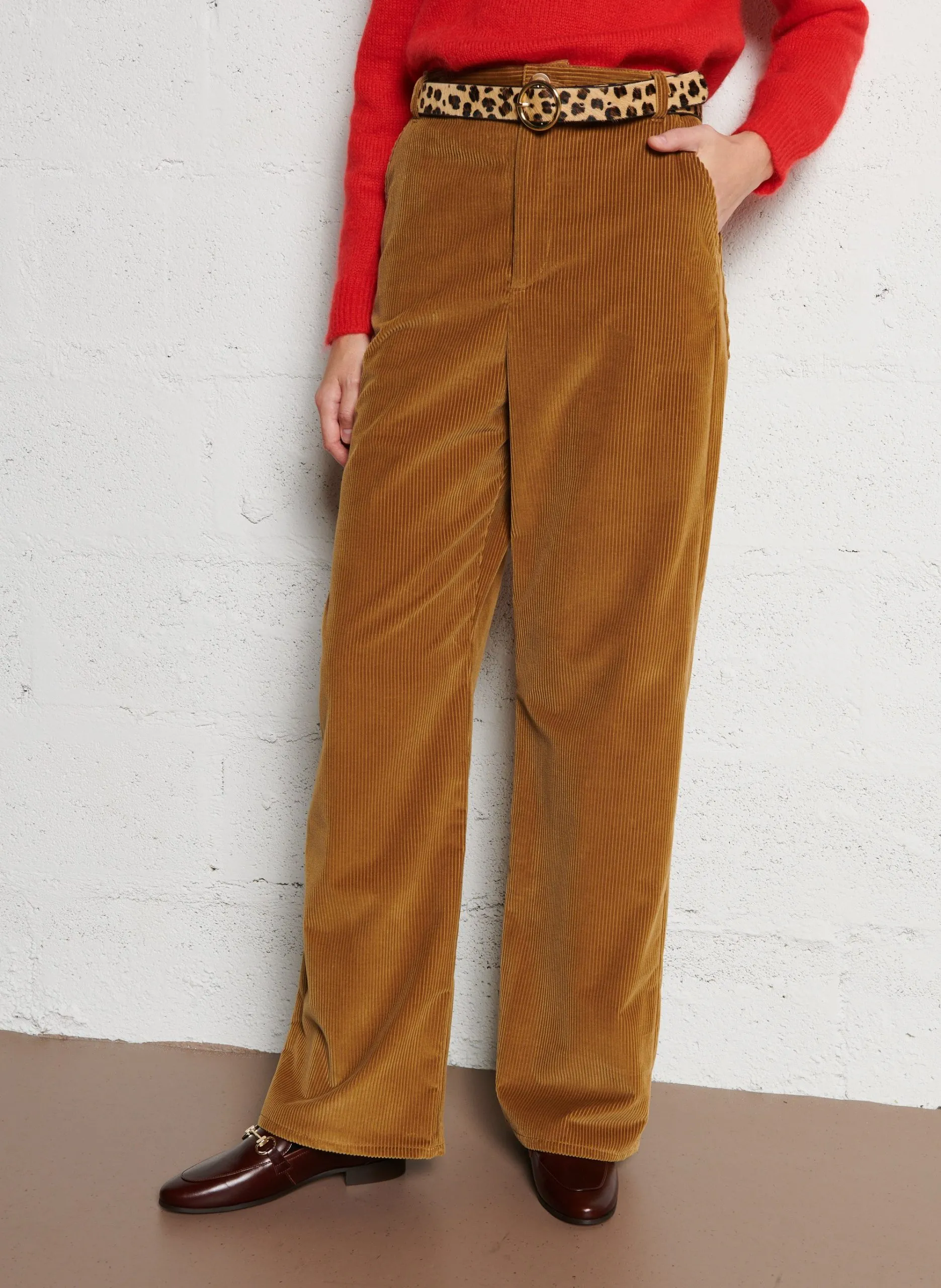 Pantalon large taille haute en coton Beige JEREMY