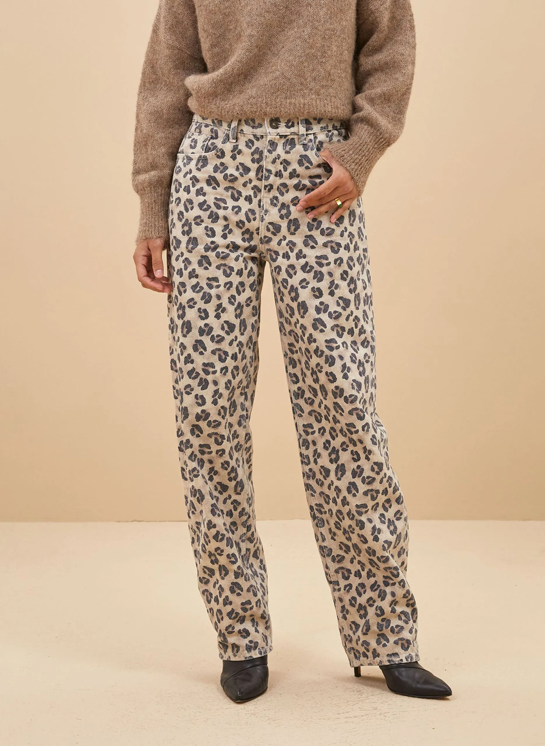 Jean droit imprimé en coton bio Beige LEW