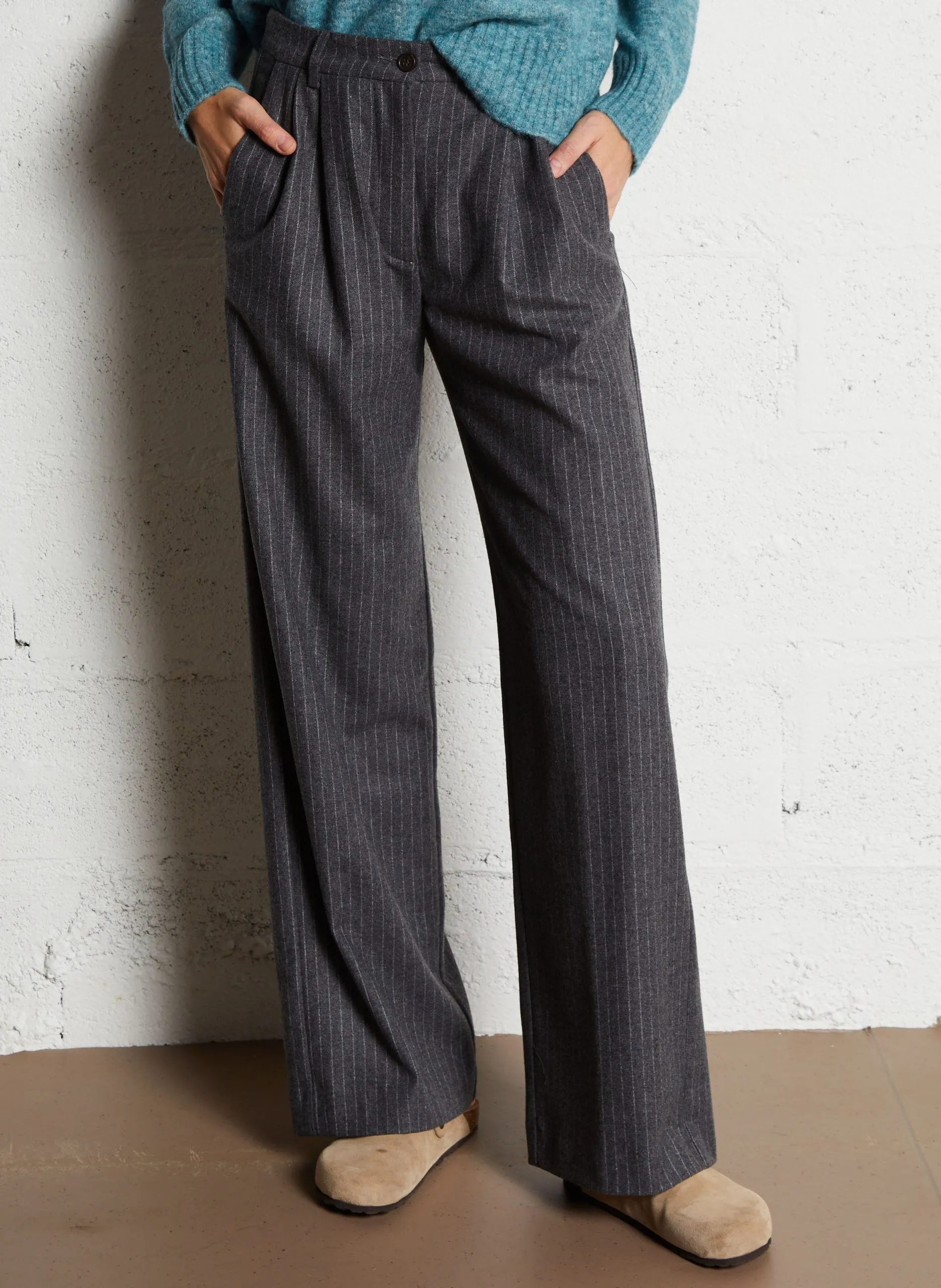 Pantalon large en laine mélangée Gris PANACHE