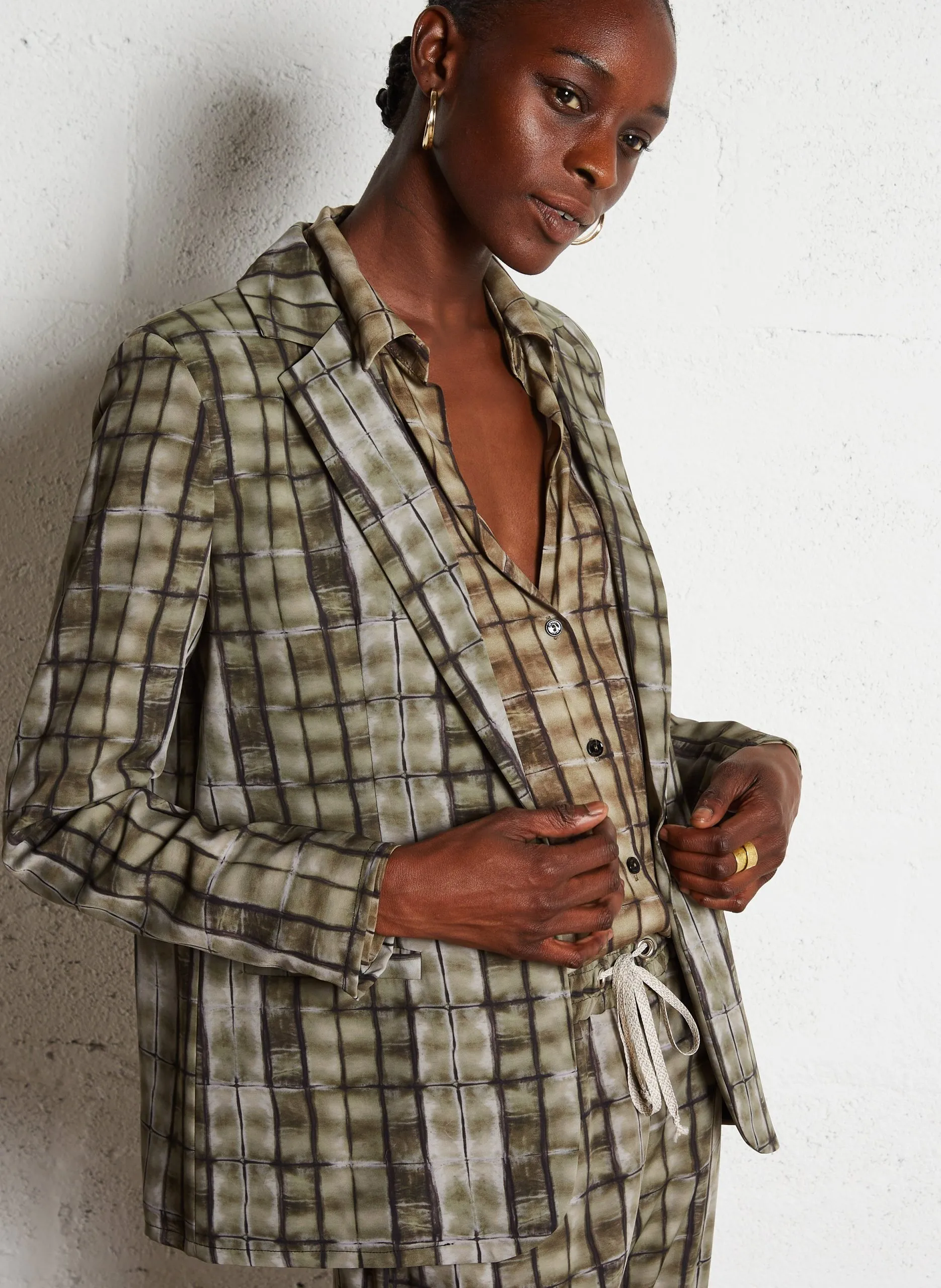 Blazer col tailleur droit imprimé Vert