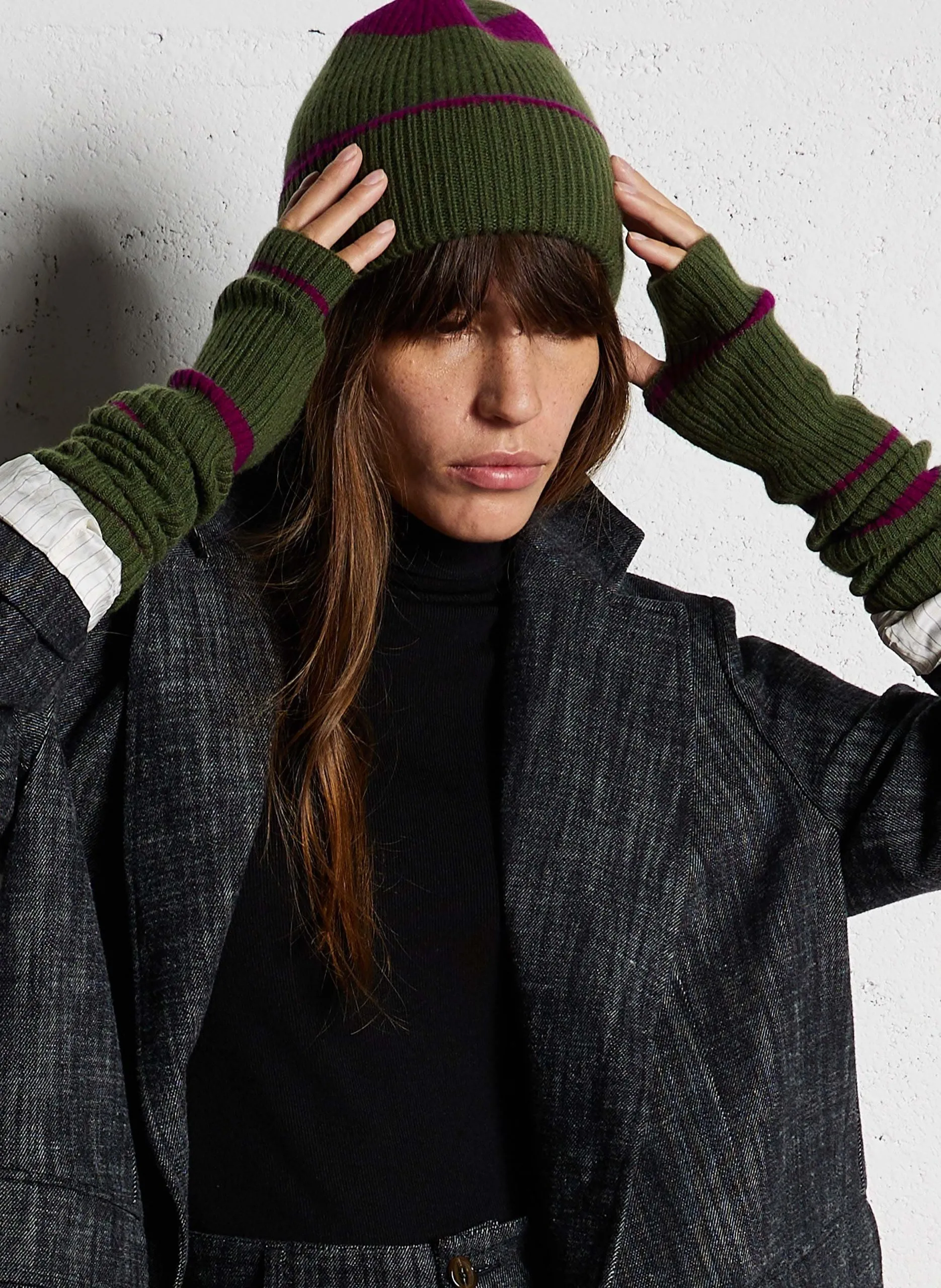 Mitaines rayées en cachemire Kaki