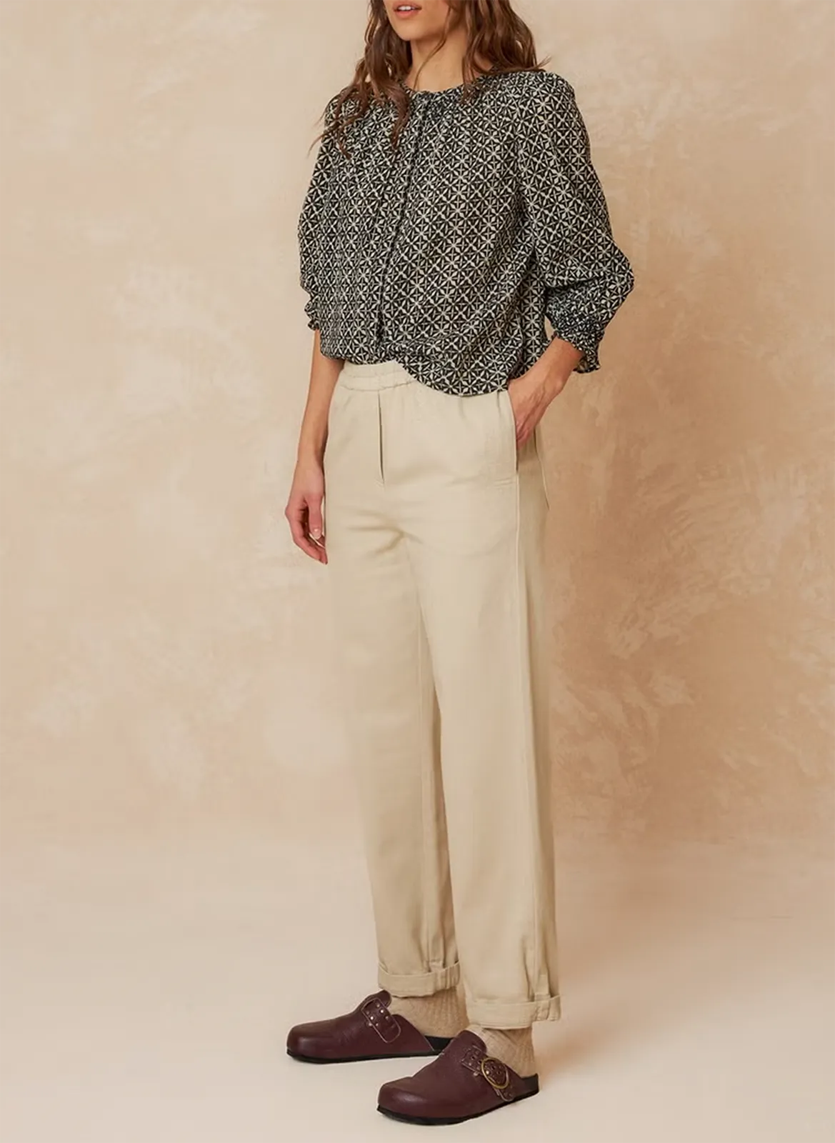 Chemise ample col rond imprimée en coton bio Noir