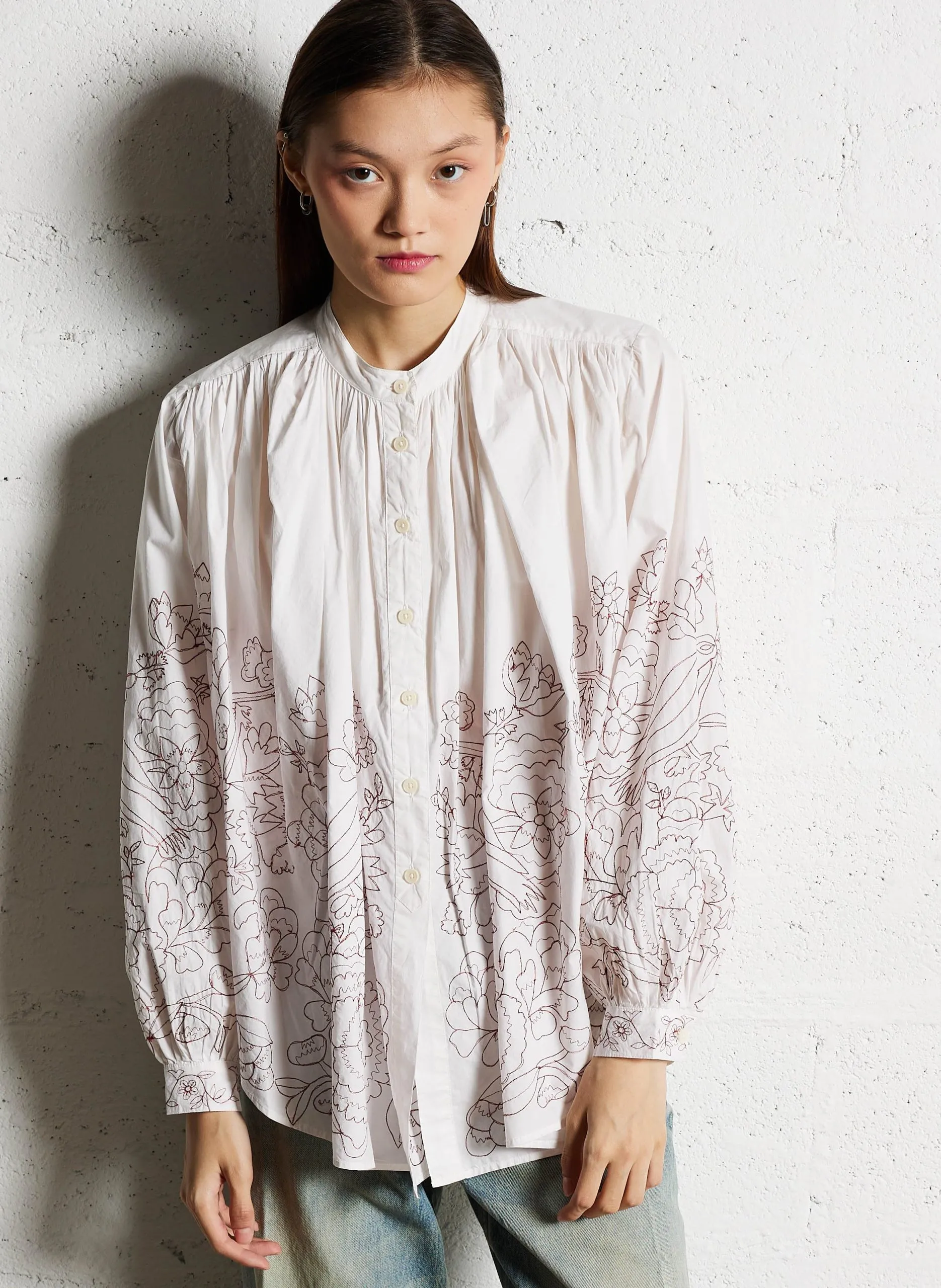 Chemisier col rond ample en coton brodé Blanc POPPY