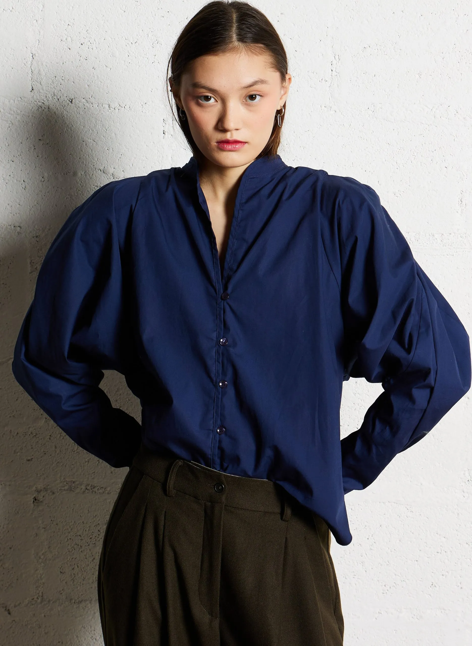 Blouse ample col v en coton Bleu BONNIE