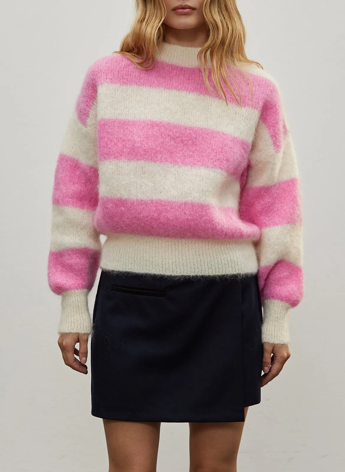 Pull ample col rond rayé en mohair mélangé Rose LILLY
