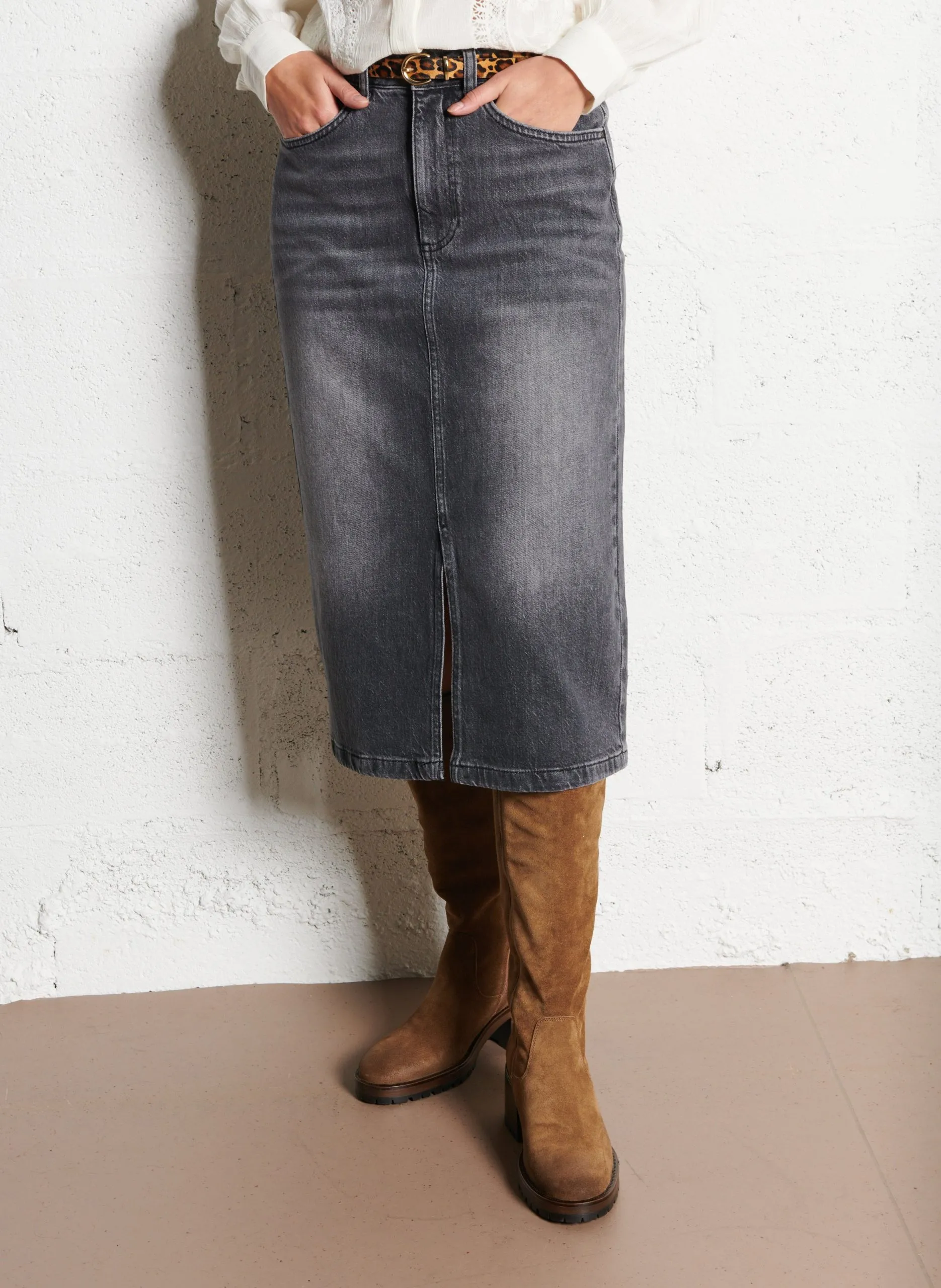 Jupe midi droite en denim stretch Gris BIRDY